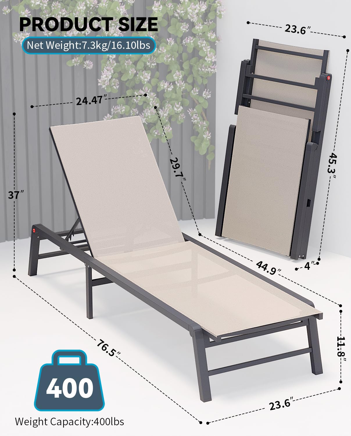 Premium Aluminum Foldable Chaise Lounge Chair - 5 Adjustable Backrest, No Assembly Required - Perfect for Poolside, Beach, Patio, and Lawn Relaxation in Beige