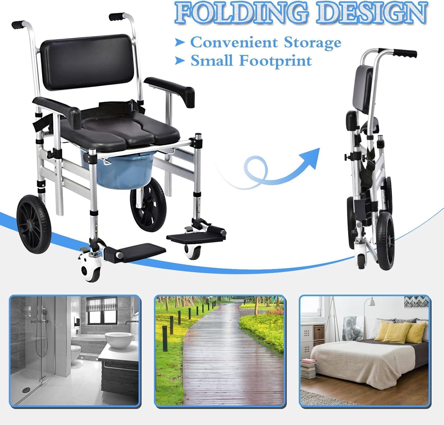 4-in-1 Adjustable Shower Wheelchair with Padded Seat, Detachable Bucket & Flip-Up Footrest - Folding Commode Chair for Elderly & Disabled (Black) | Bathroom Safety, Bedside Toilet & Mobility Aid for Home Care