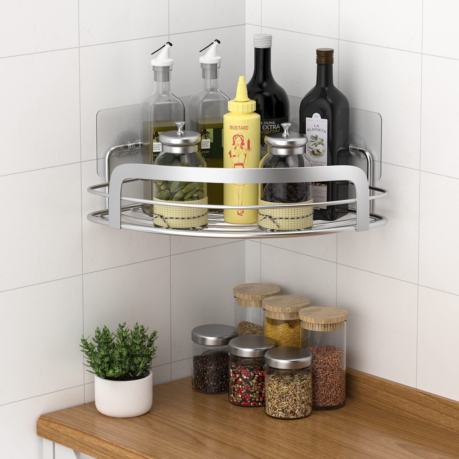 STEUGO 2 Pack Corner Shower Caddy - No Drill Adhesive Wall Mounted Bathroom Shelf with 4 Adjustable Hooks - Rustproof Stainless Steel Storage Organizer for Shampoo, Soap & Bath Accessories - Perfect for Small Showers, Apartments & Dorm Rooms