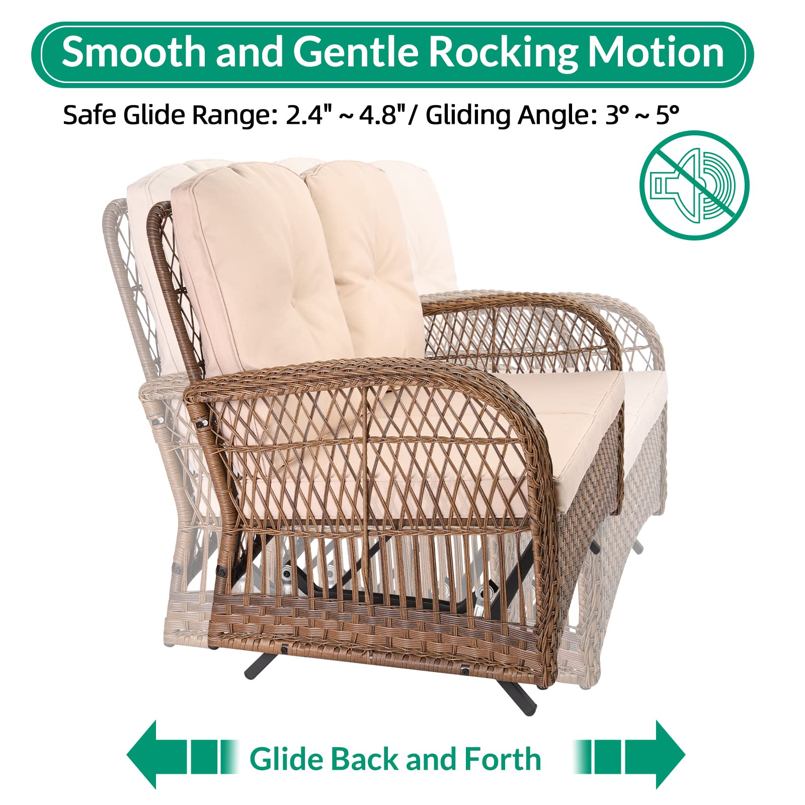VIVIJASON 2-Piece Outdoor Wicker Loveseat Glider Set with Cushions - Patio Conversation Furniture for Porch, Garden & Poolside - Includes 2-Seater Glider Rocking Bench & Coffee Table - Light Brown - Perfect for Relaxing, Entertaining & Outdoor Lounging