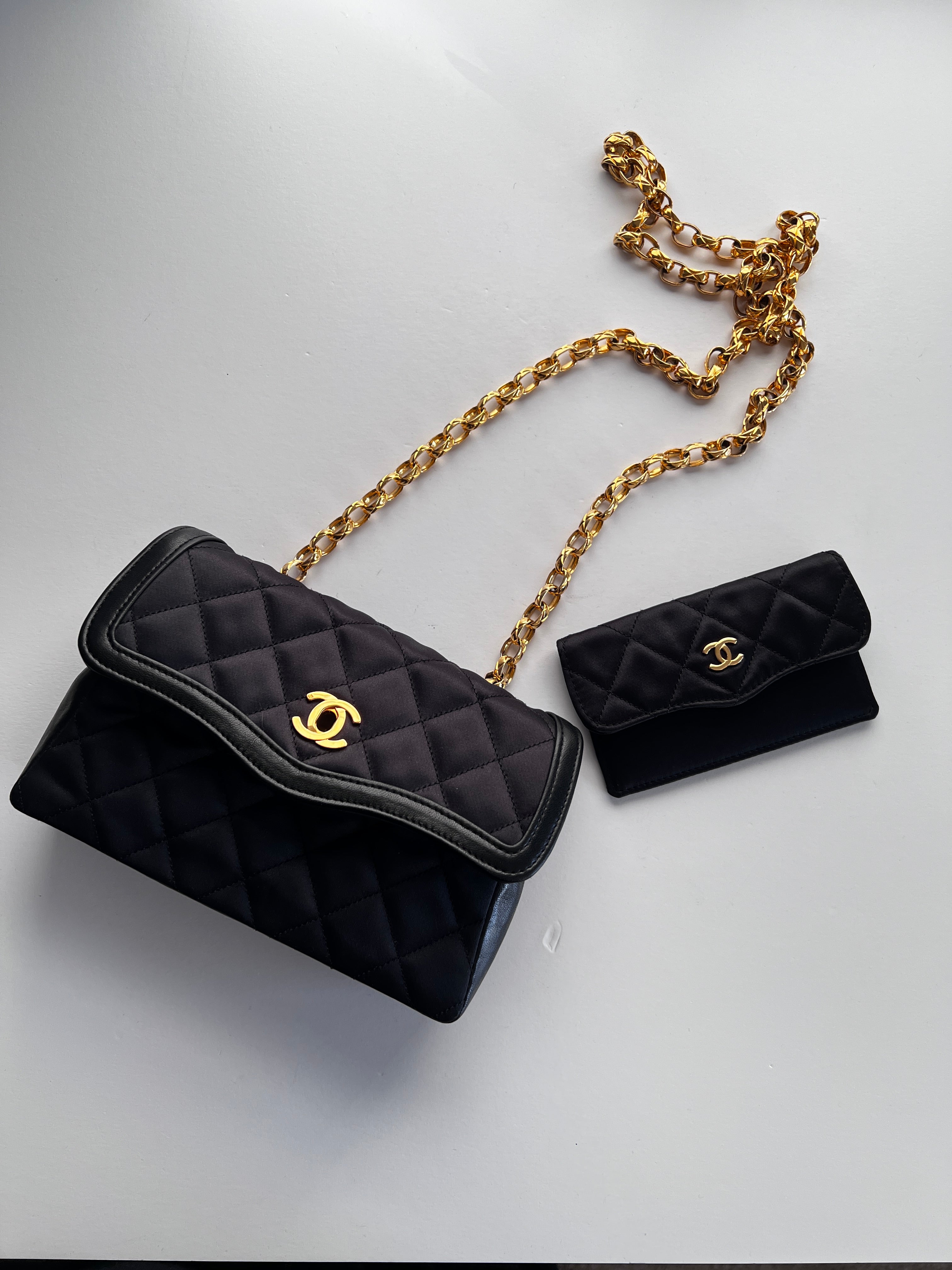 Vintage Chanel Satin & Leather Flap Bag with Card Holder - Luxury Designer Crossbody Purse for Women, Perfect for Evening Parties & Special Occasions