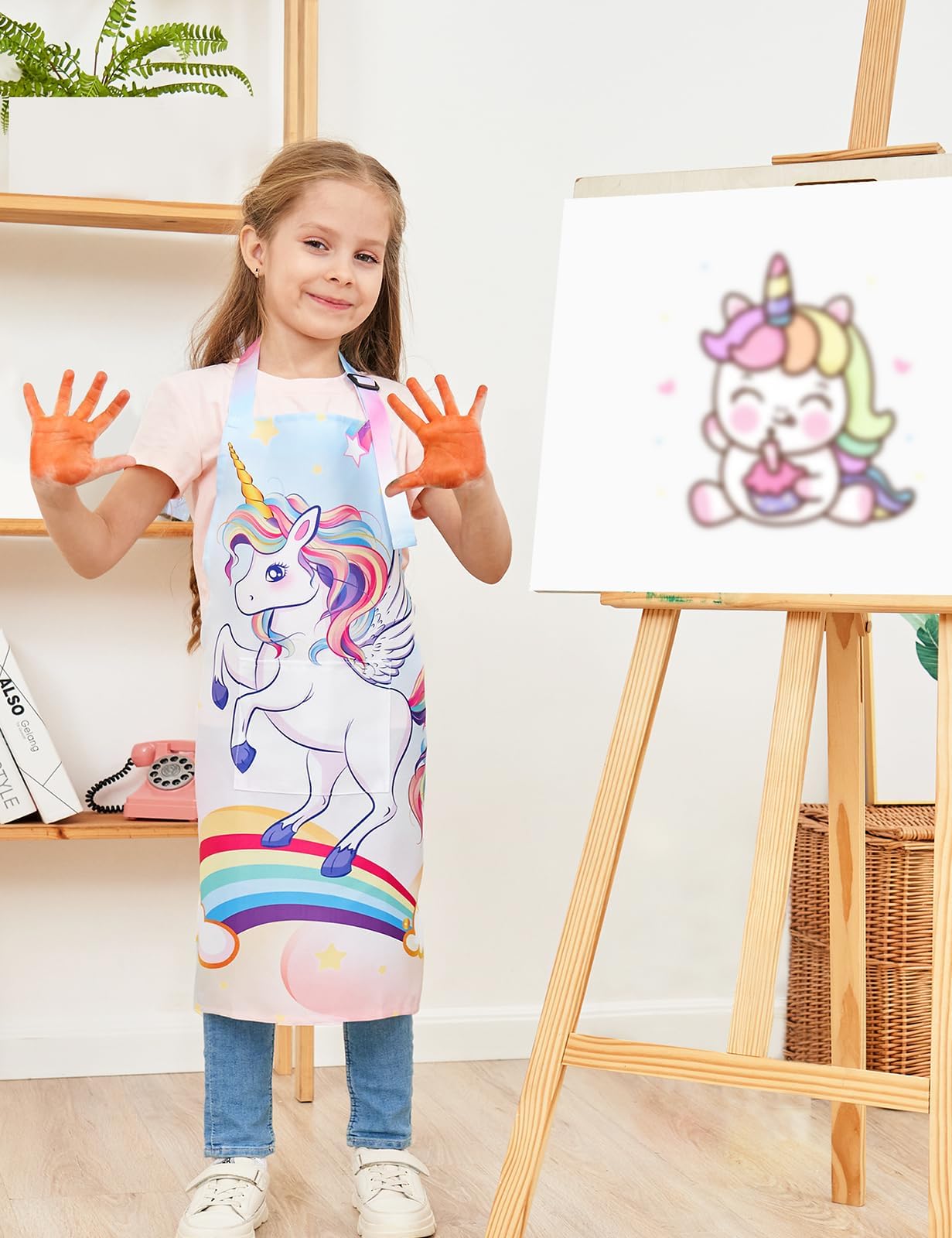 WERNNSAI Kids Aprons Chef Hat Set - 3-Piece Art & Cooking Apron for Boys & Girls - Washable Painting Smock for Cooking, Gardening, Baking & Craft Activities