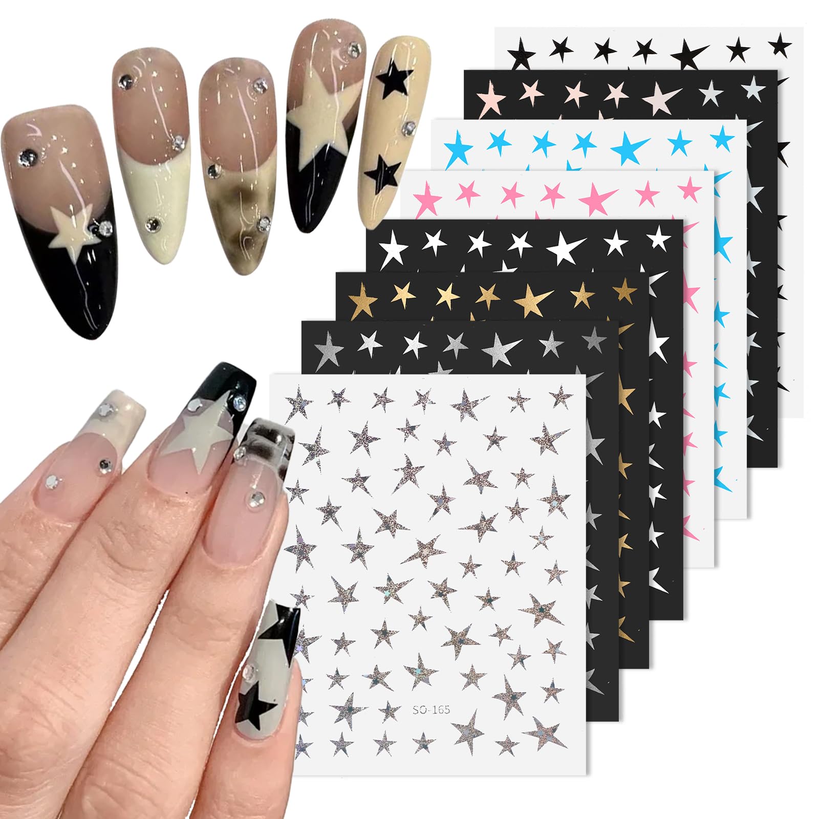 8 Sheets Star Nail Art Stickers - 3D Shiny Glitter Nail Decals & Charms for DIY Manicure | Self-Adhesive Nail Supplies for Women | Perfect for Parties, Holidays & Nail Salon Decorations