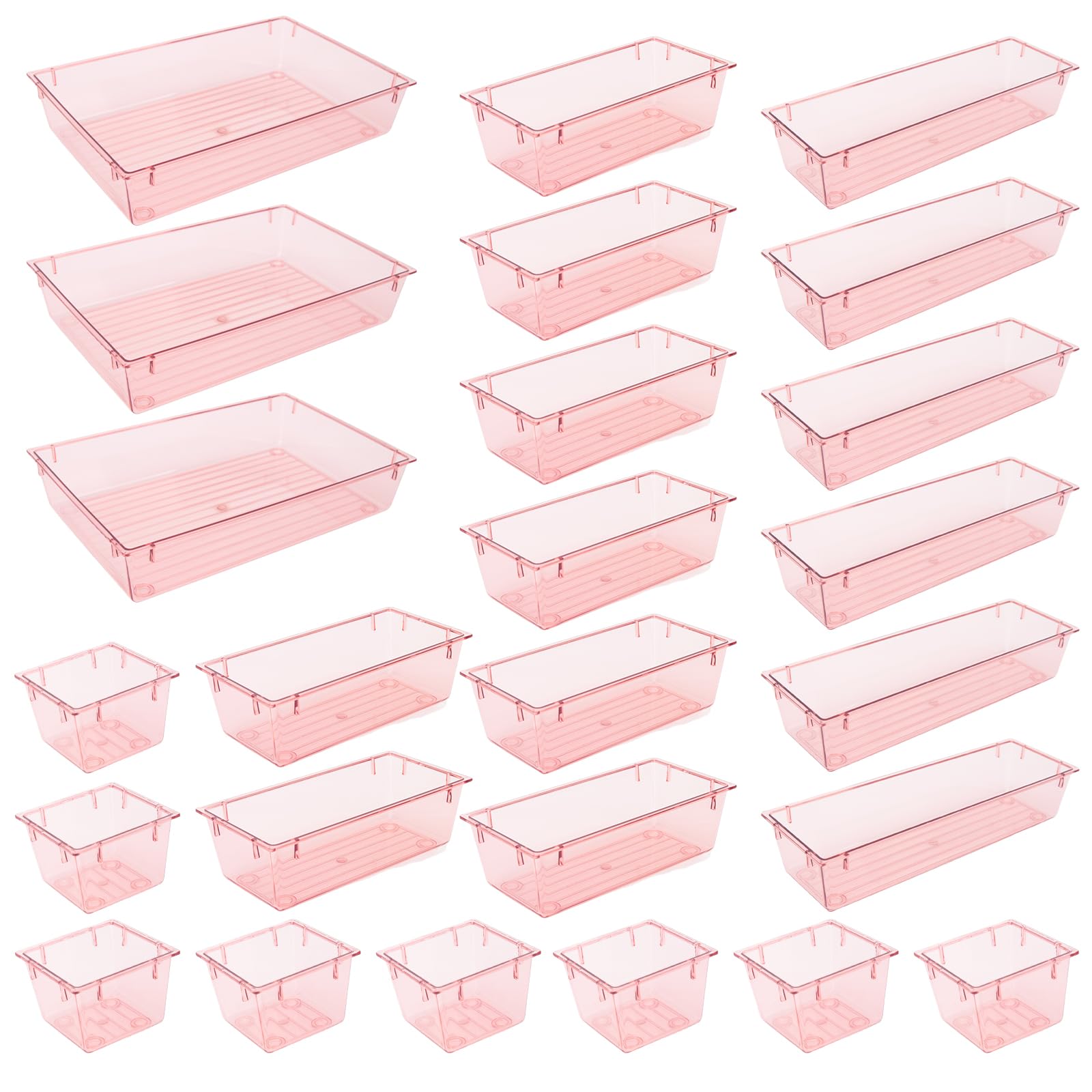 25-Pack Clear Plastic Drawer Organizer Set - Vanity & Desk Storage Bins with Trays for Makeup, Office, Bathroom & Kitchen (Pink) | Space-Saving Solution for Home & Office Organization
