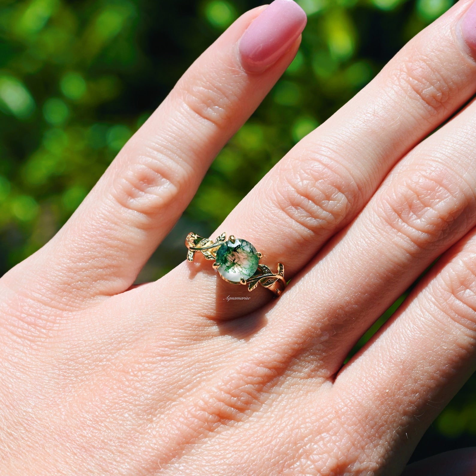 Natural Moss Agate Leaf Engagement Ring - 14K Yellow Gold Vermeil Wedding Band for Women, Nature-Inspired Jewelry for Brides, Anniversary Gifts & Boho Style Accessories | Perfect for Outdoor Weddings, Beach Proposals & Everyday Boho Fashion