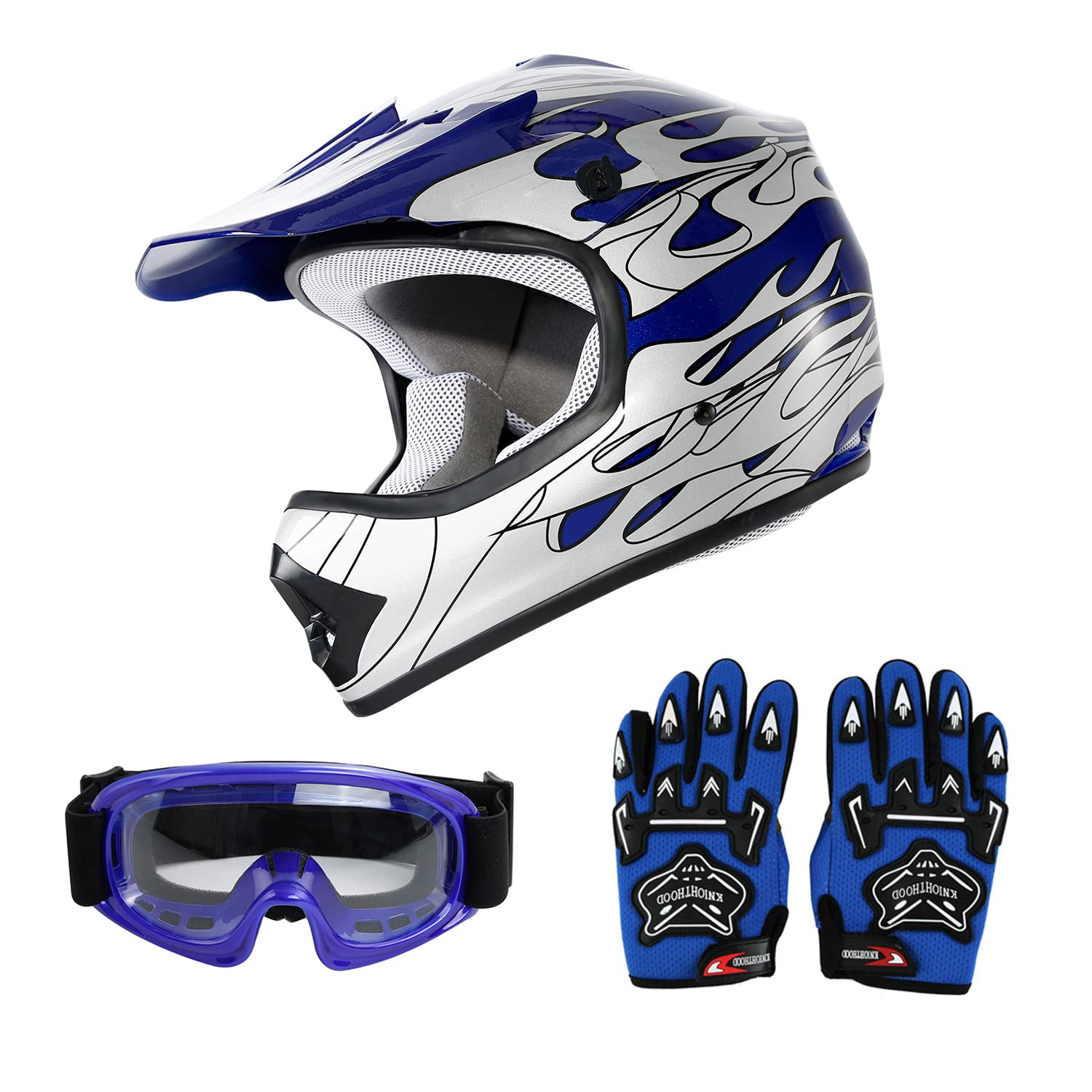 SLMOTO Youth Kids Motorcycle Helmet - DOT Certified Motocross, Offroad, Street & Dirt Bike Helmet with Blue Flame Design - Includes Goggles & Gloves - Perfect for ATV, MX Racing & Outdoor Adventures