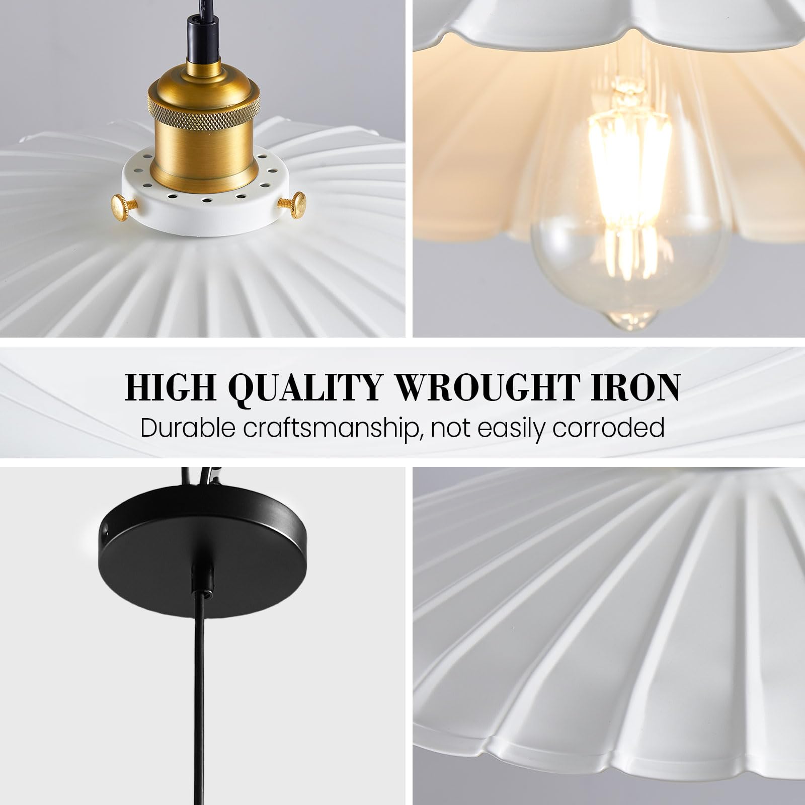 White Farmhouse Pendant Lights for Kitchen Island - 15.7 Inch Adjustable Retro Lampshade with Light Cord, Perfect for Modern and Rustic Kitchen Decor