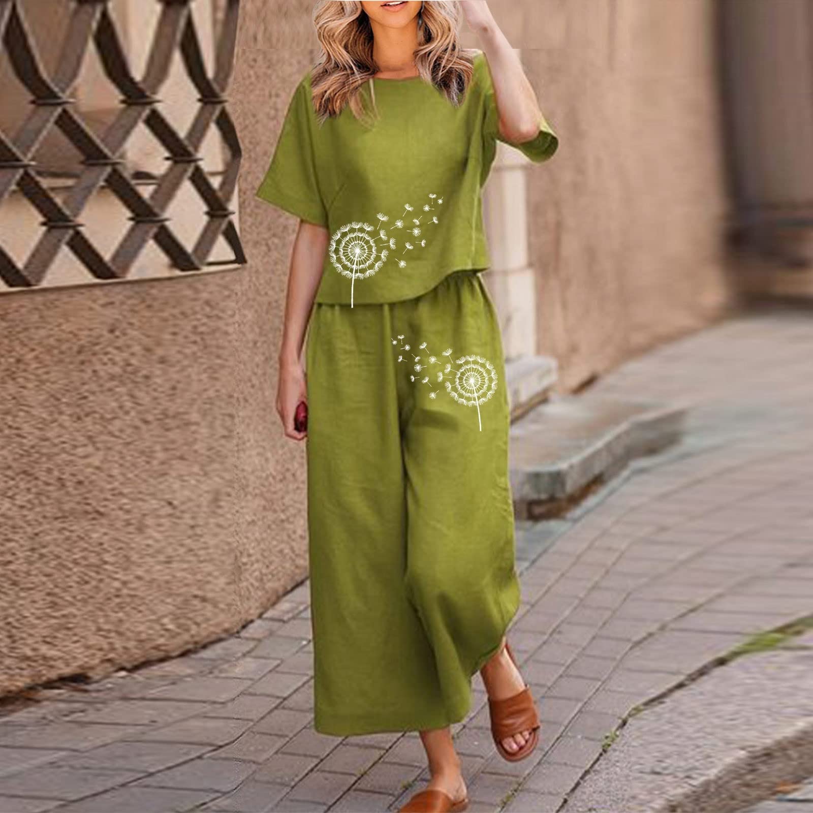 Women's 2-Piece Linen Set - Breathable Cotton Short Sleeve Printed Blouse & Loose Cropped Pants Outfit | Perfect for Summer, Beach Vacations & Casual Wear