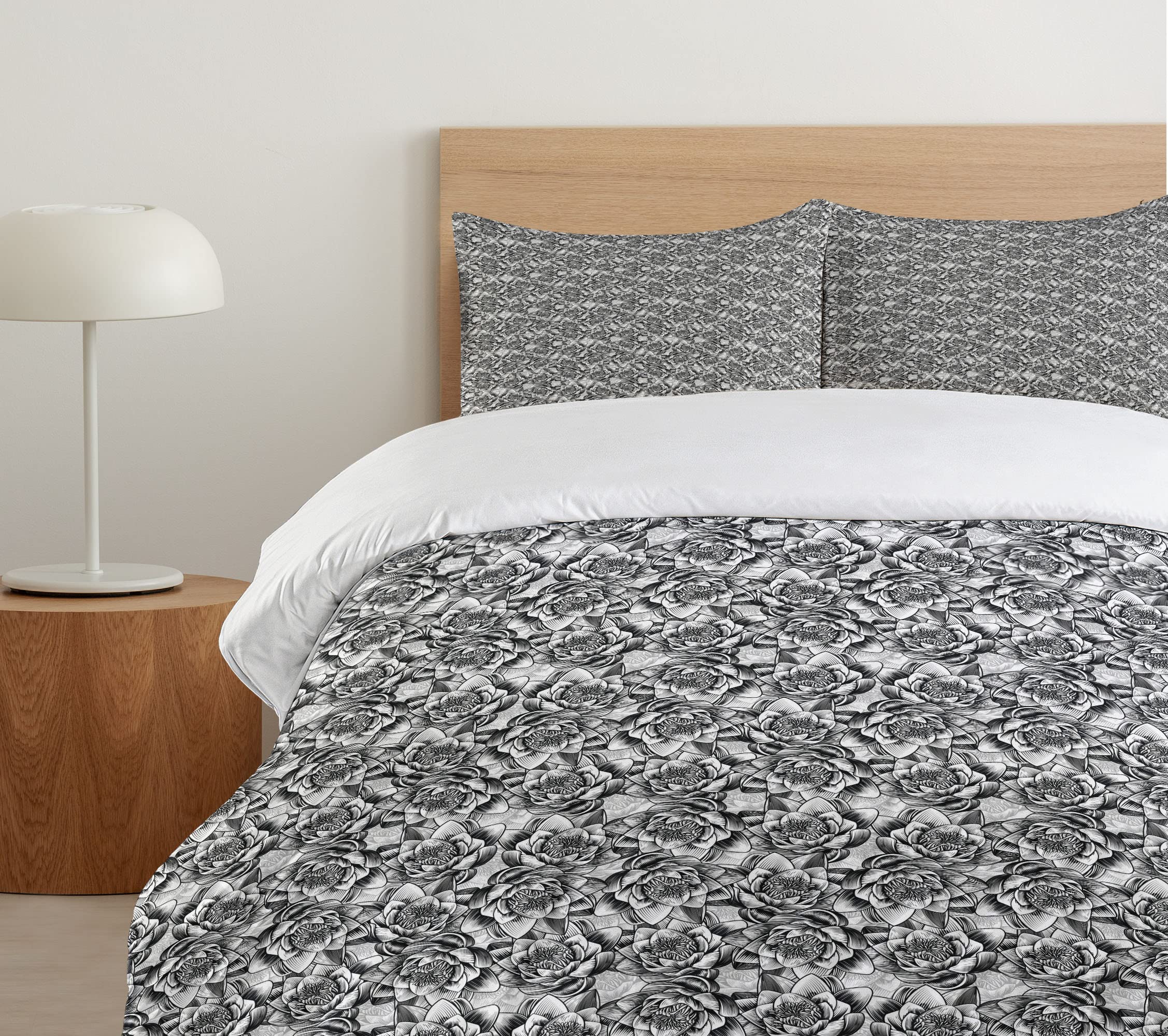 Ambesonne Floral Duvet Cover Set - Monochrome Water Lilies Design Sketch Style, 3-Piece King Size Bedding Set with 2 Pillow Shams, Black and White | Perfect for Modern Bedroom Decor, Guest Room, and Water Lily Themed Interiors