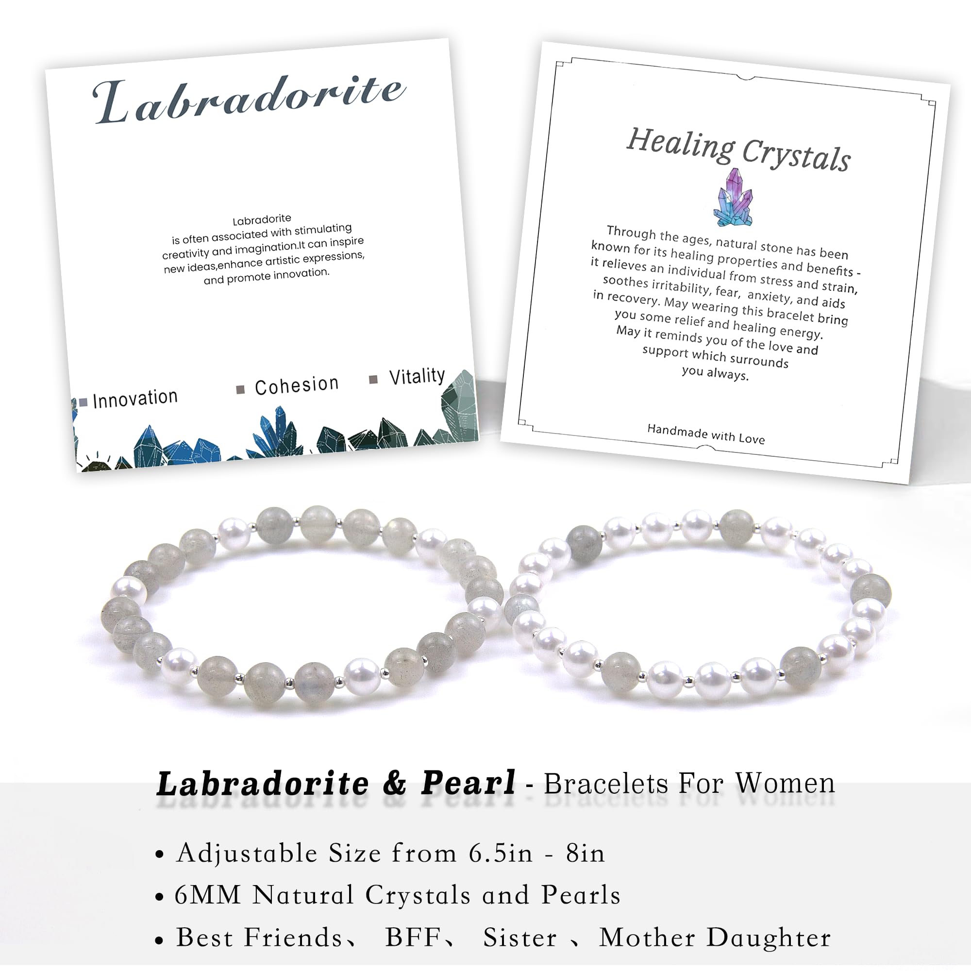 Labradorite Beaded Bracelet for Women - Best Friend Sister Matching Bracelet Set - Pearl Friendship Jewelry Gift for Mother Daughter - Perfect for Birthdays, Anniversaries & BFF Gifts