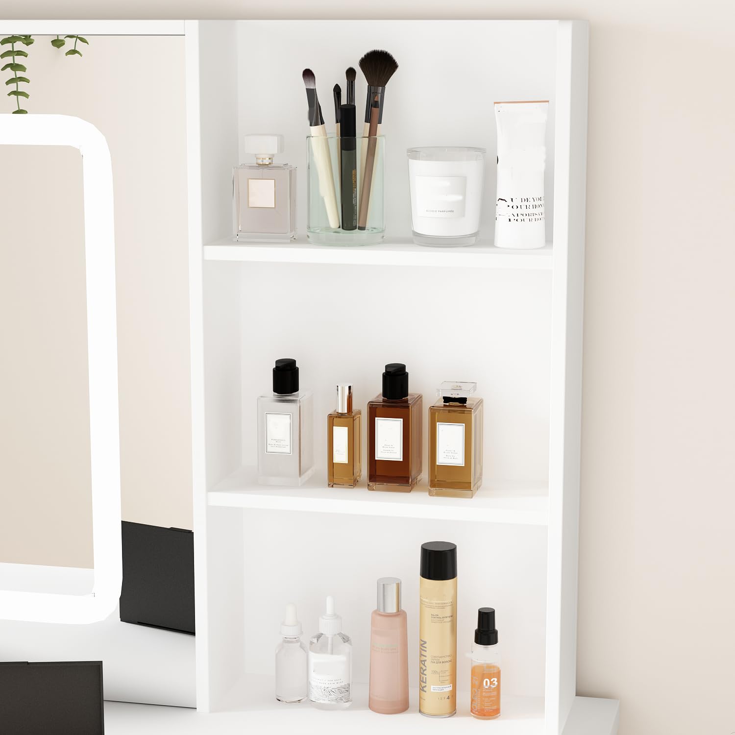 Hitow White Vanity Desk Set with LED Lighted Mirror, Makeup Dressing Table with Drawer & Storage Shelf, Includes Cushioned Stool - Perfect for Bedroom, Beauty Salon & Home Decor (Vanity Set for Women)