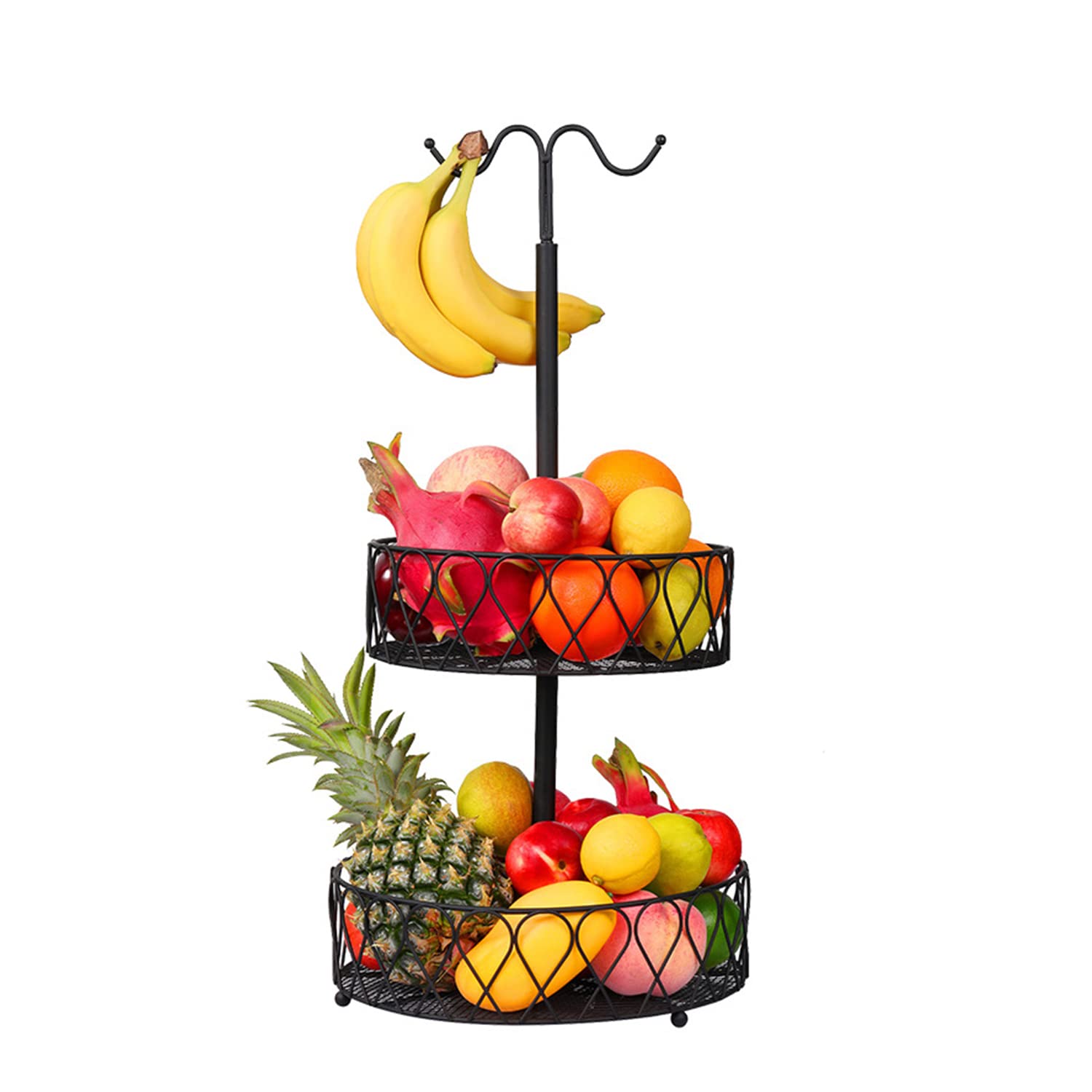 JMQN 2-Tier Iron Art Fruit Basket with Banana Holder - Detachable Multifunctional Fruit Bowl for Kitchen Counter, Dining Table & Home Decor | Perfect for Organizing Fruits, Displaying Bananas & Enhancing Kitchen Aesthetics