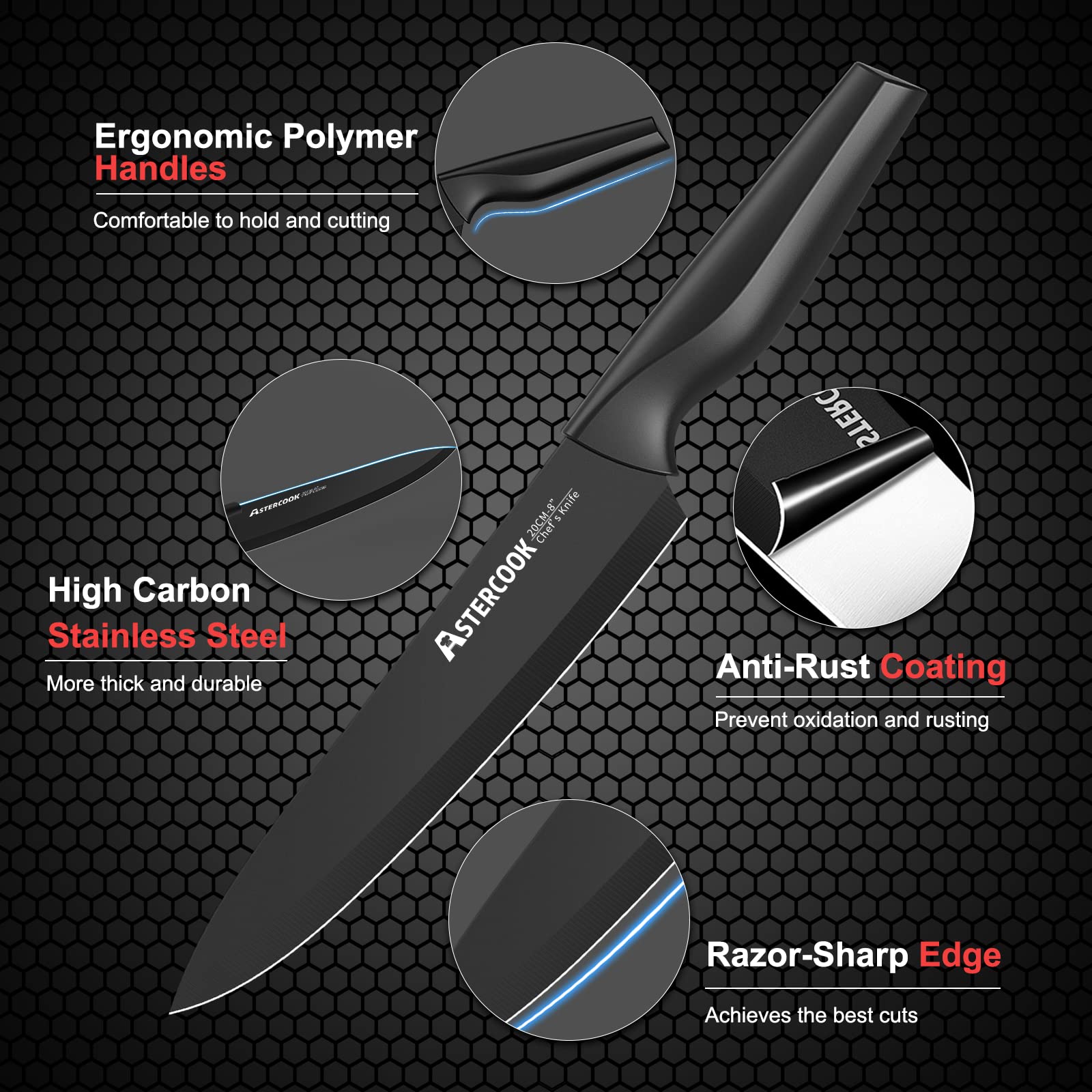 Astercook 21-Piece German Stainless Steel Knife Set with Block & Built-in Sharpener | Dishwasher Safe Kitchen Knives for Chopping, Slicing & Food Prep | Professional Chef & Home Cooking Essential