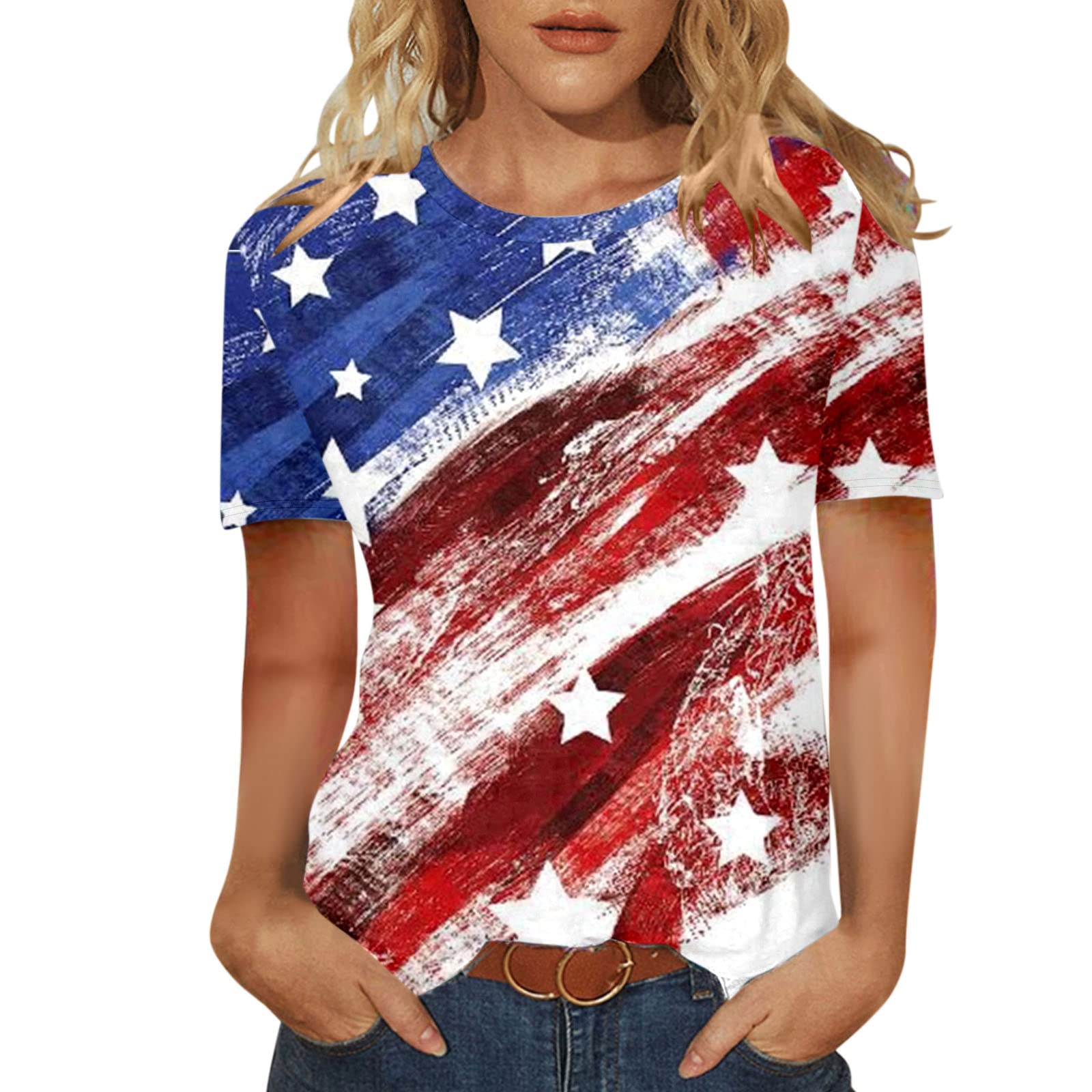 Women's Short Sleeve T-Shirts - Casual 4th of July Printed Tees, Summer Fashion Round Neck Tops for Independence Day Celebrations & Everyday Wear