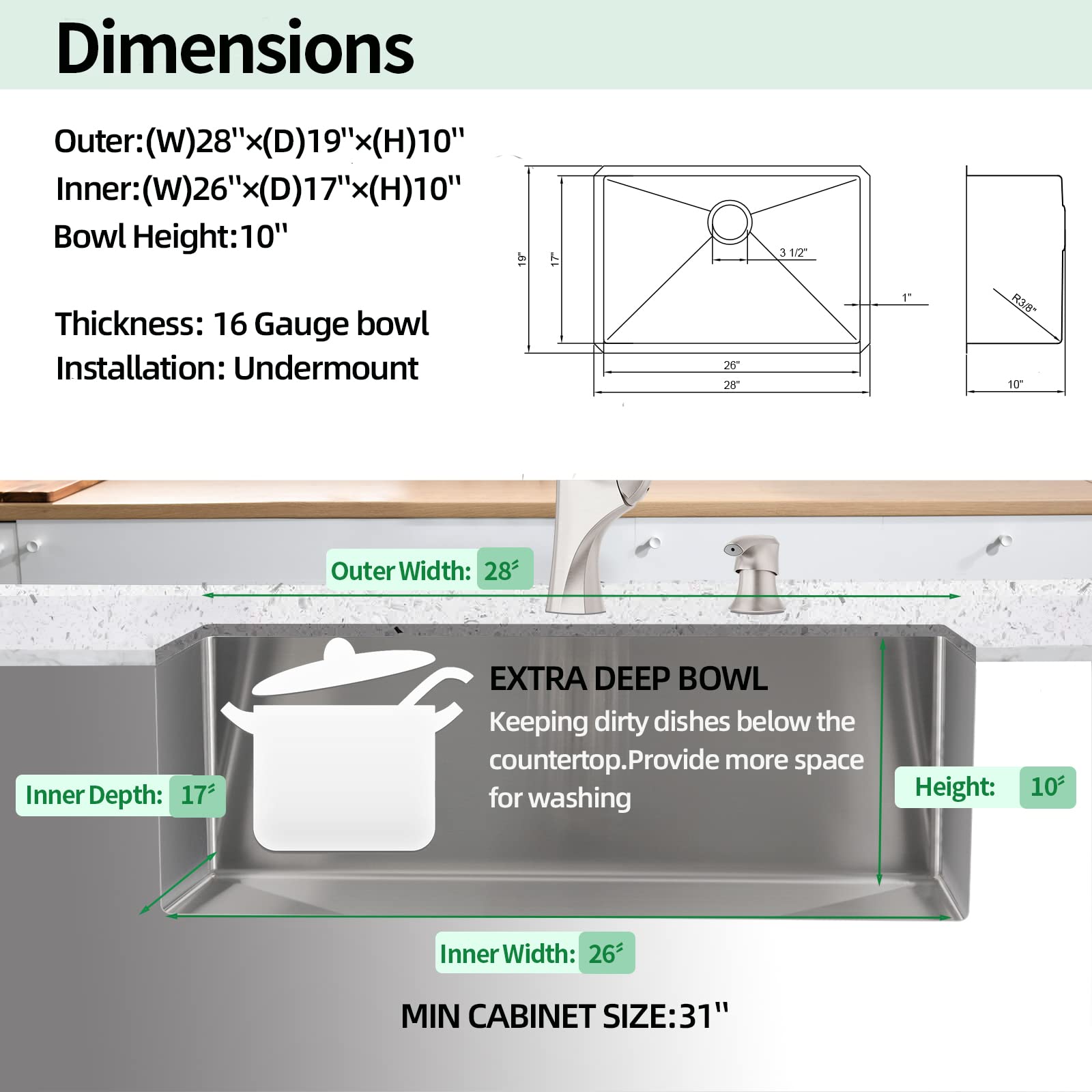 28 x 19 Inch Undermount Single Bowl Kitchen Sink - 16 Gauge Stainless Steel for Outdoor, Laundry & Food Prep - Durable & Rust-Resistant for Heavy Duty Use