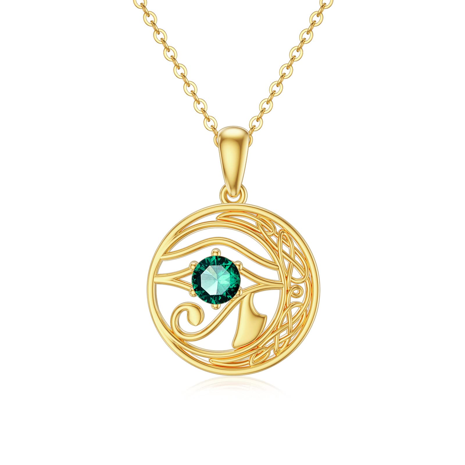 14K Gold Eye of Horus Necklace with Genuine Emerald - Irish Celtic Knot Pendant for Women, Elegant 16