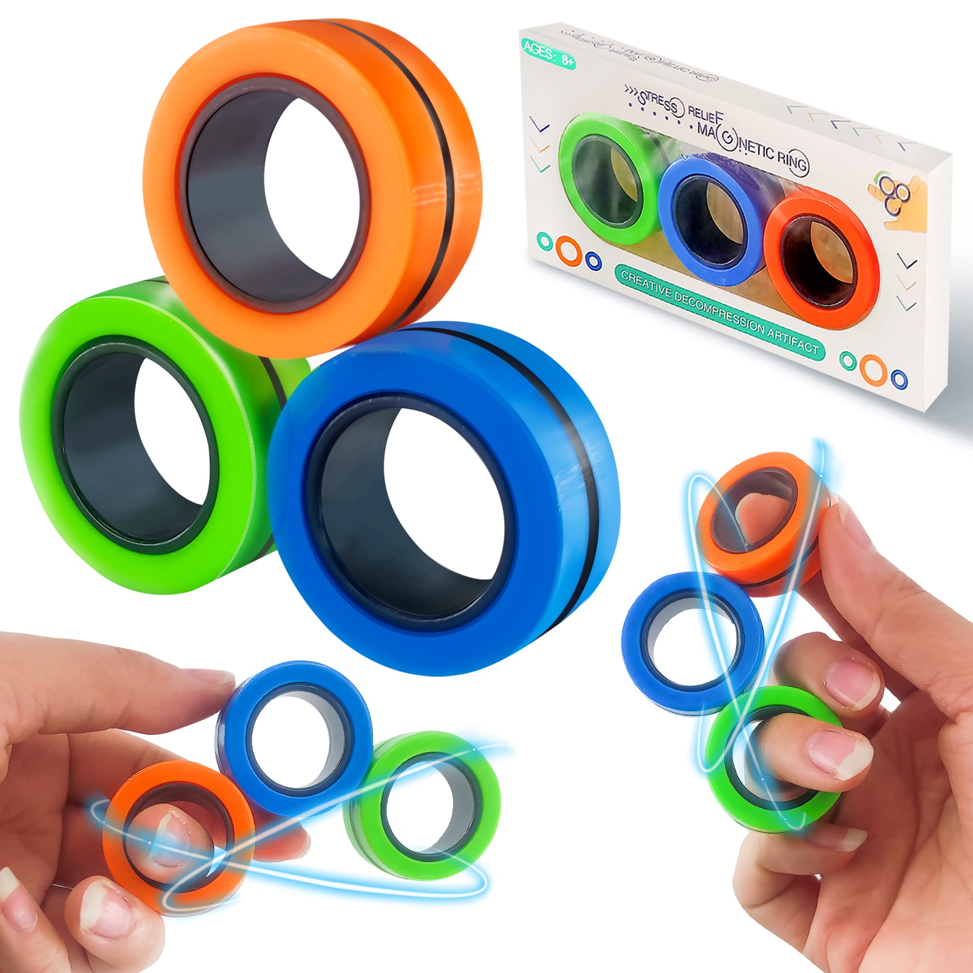 Magnetic Rings Fidget Toy Set - 3 Pack Stress Relief Sensory Toys for Adults & Kids with ADHD, Autism, OCD - Colorful Anti-Anxiety Fidget Spinner Alternative (Great for Office, School, Travel)