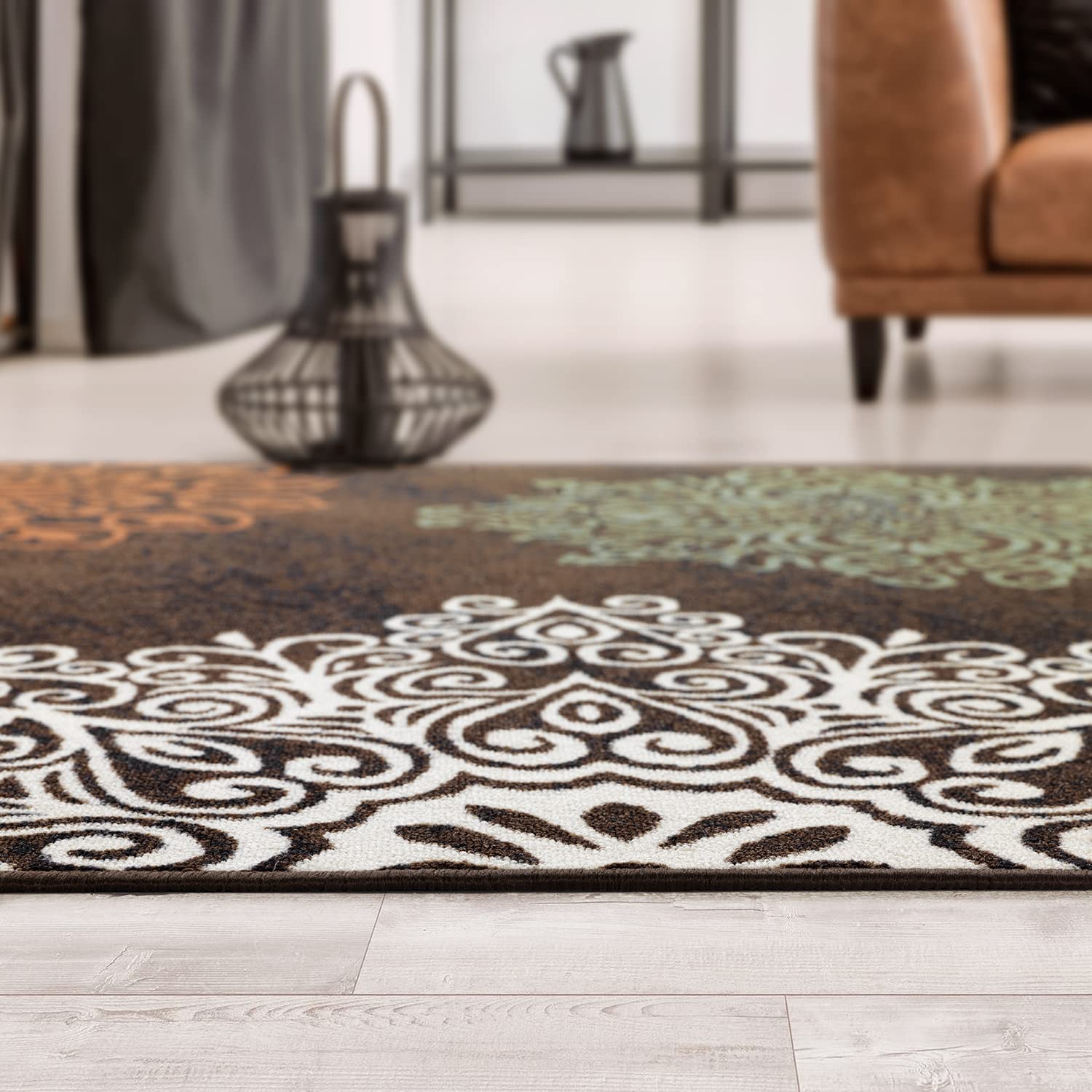Antep Rugs Modern Floral 8x10 Non-Slip Low Pile Area Rug with Rubber Backing - Brown 7'10