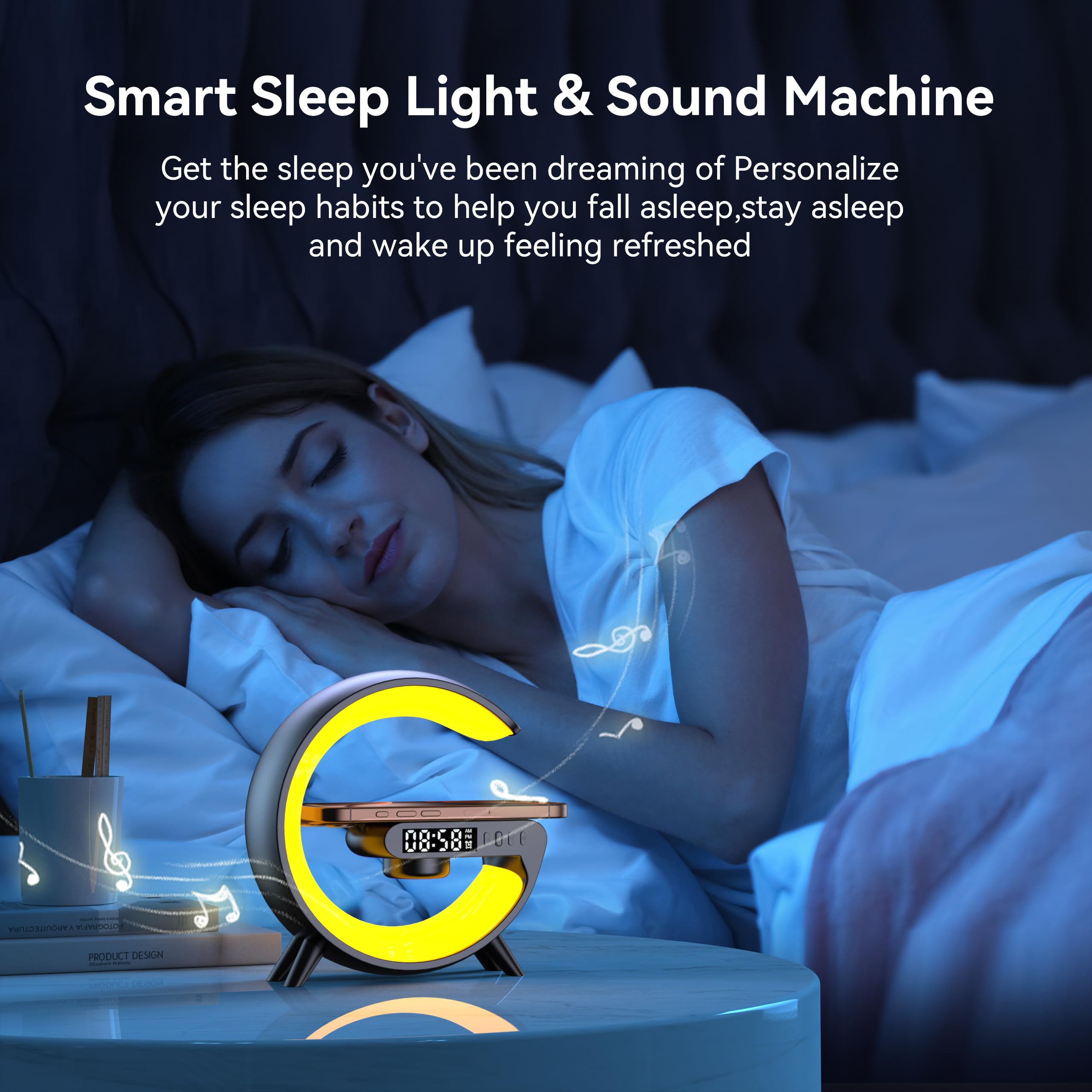 Smart LED Table Lamp with Sunrise Alarm Clock, Wireless Charger & Bluetooth Speaker - 4-in-1 Multifunctional Night Light for Bedroom, Office & Study Room (Black) | Perfect for Reading, Relaxation & Wake-up Light Therapy