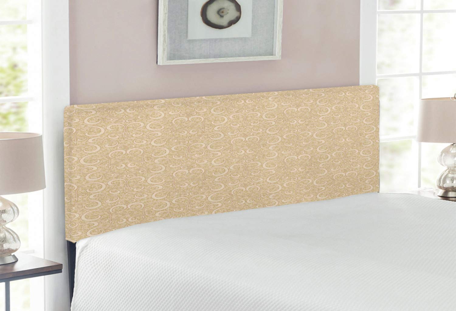 Ambesonne Beige Upholstered Headboard with Boho Floral Swirl Design - Full Size Memory Foam Bed Headboard for Bedroom Decor | Perfect for Bohemian, Vintage & Modern Bedroom Styles