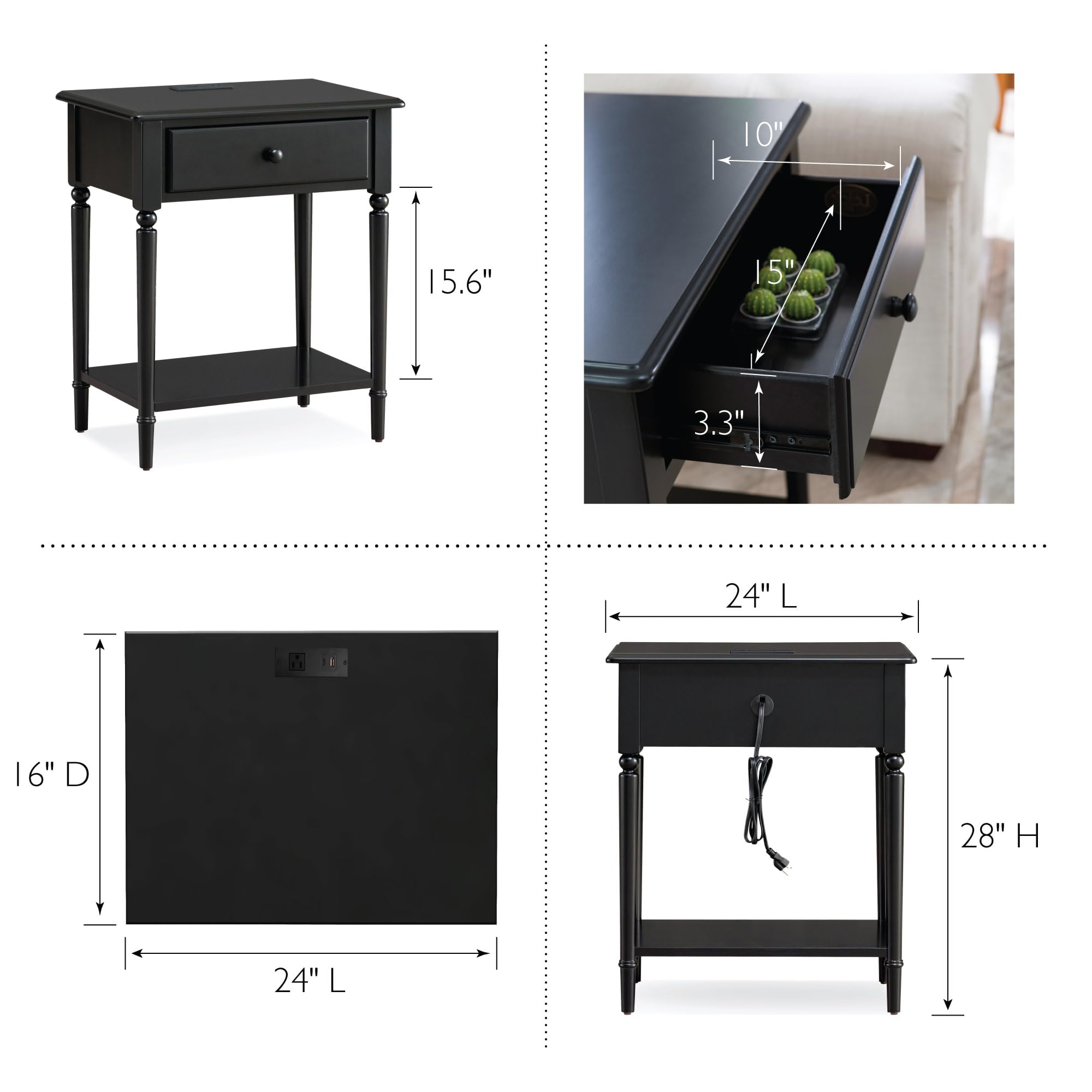 Coastal Nightstand with USB-C Fast Charging Station - Solid Wood Swan Black Side Table for Bedroom, Living Room & Small Spaces - Modern End Table with Storage Shelf - Perfect for Charging Devices & Organizing Essentials - Leick Home 20022-BK