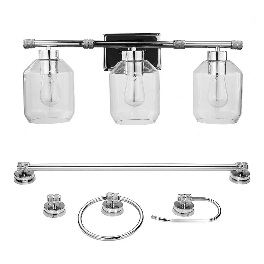 Globe Electric 51528 Middleton 5-Piece Bathroom Set - Chrome Vanity Light with Clear Glass Shades, Towel Bar, Toilet Paper Holder, Towel Ring & Robe Hook - Perfect for Modern Bathroom Decor & Home Renovation