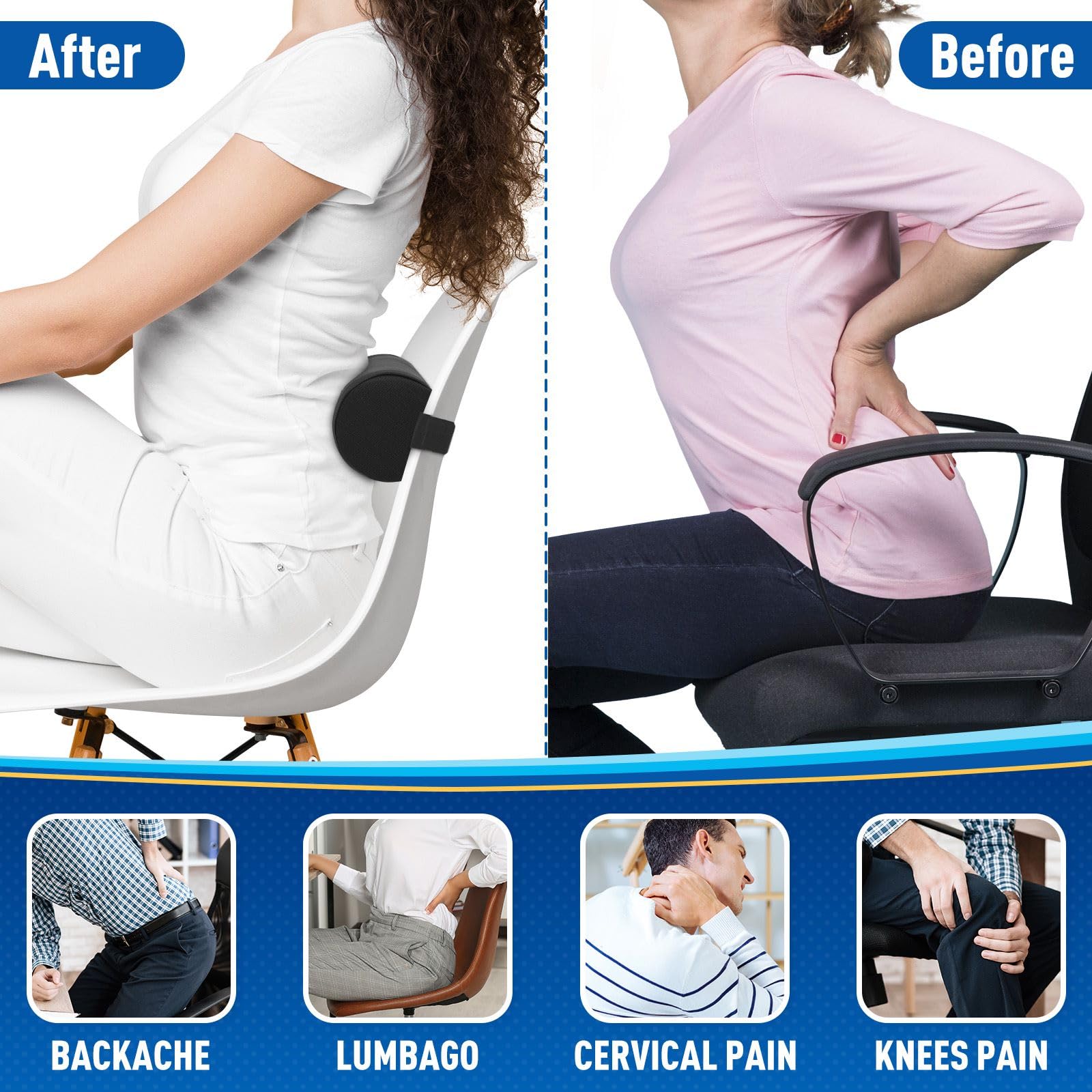 Orthopedic Lumbar Support Pillow for Office Chair, Car & Gaming - Memory Foam Back Cushion with Removable Washable Cover - Relieves Back Pain & Improves Posture - Perfect for Work, Driving & Long Sitting Sessions (Black)