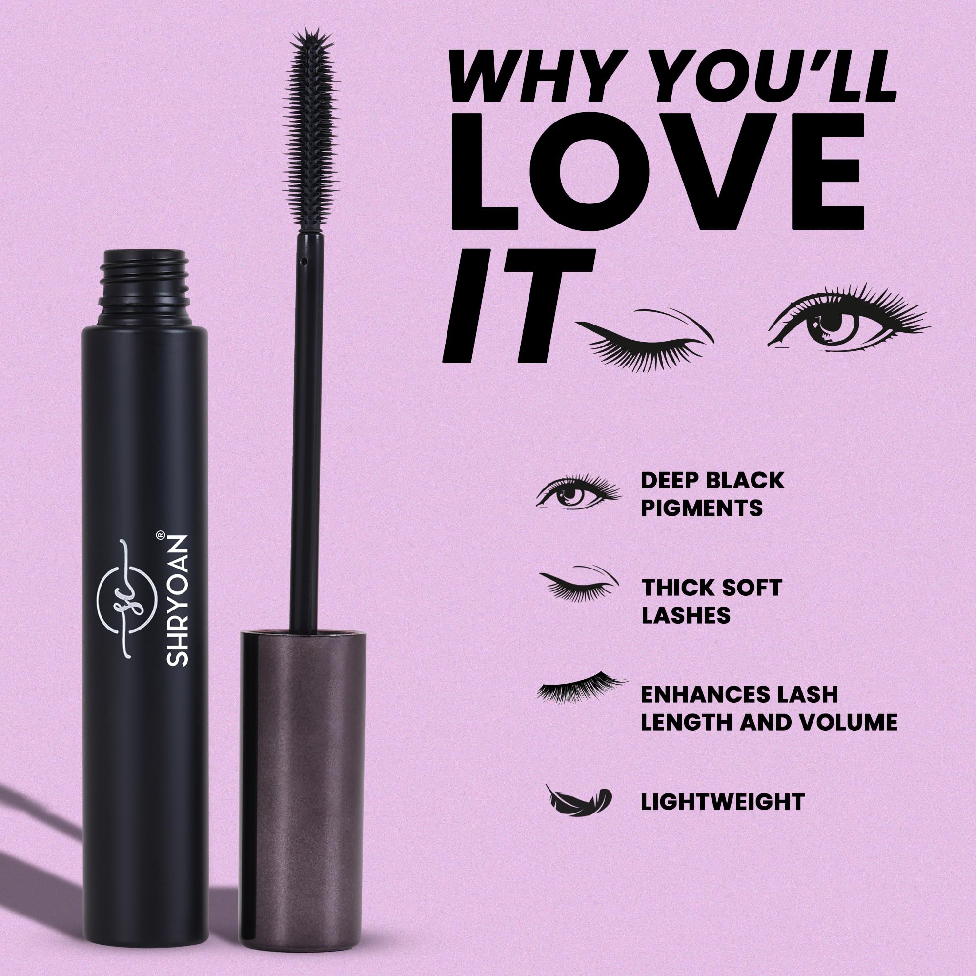 Shryoan Long-Lash Lengthening Jet Black Mascara - Waterproof & Smudge Proof Volumizing Mascara for 18H Wear (15ml) | Perfect for Daily Use, Special Occasions & Sensitive Eyes