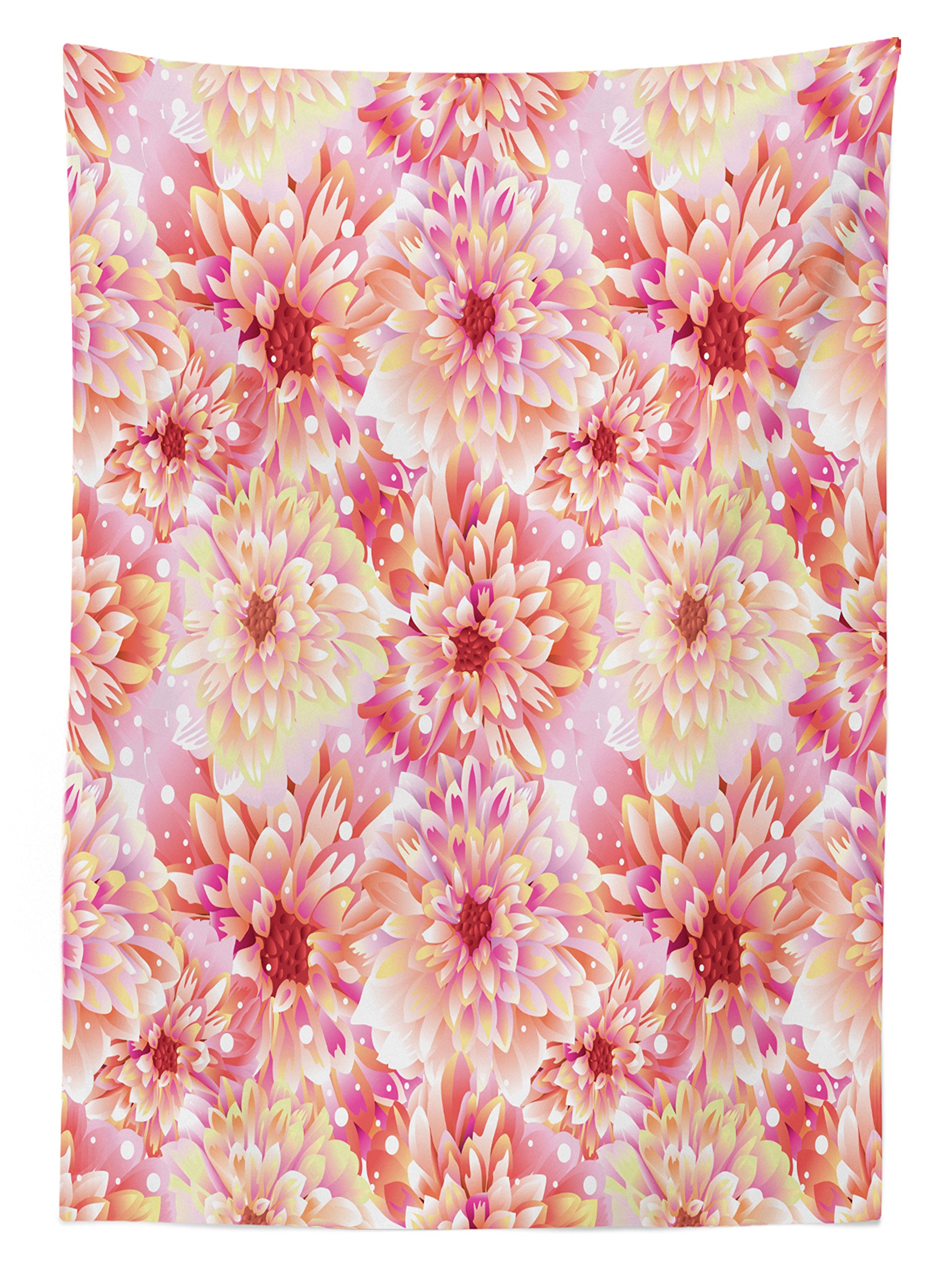 Ambesonne Dahlia Flower Outdoor Tablecloth - Double Apple Blossom Design with Overlap Axis & Twist Circle Pompons, Washable Picnic Table Cover 58x120 Inches, Pink & Yellow - Perfect for Garden Parties, BBQs, and Outdoor Dining Events