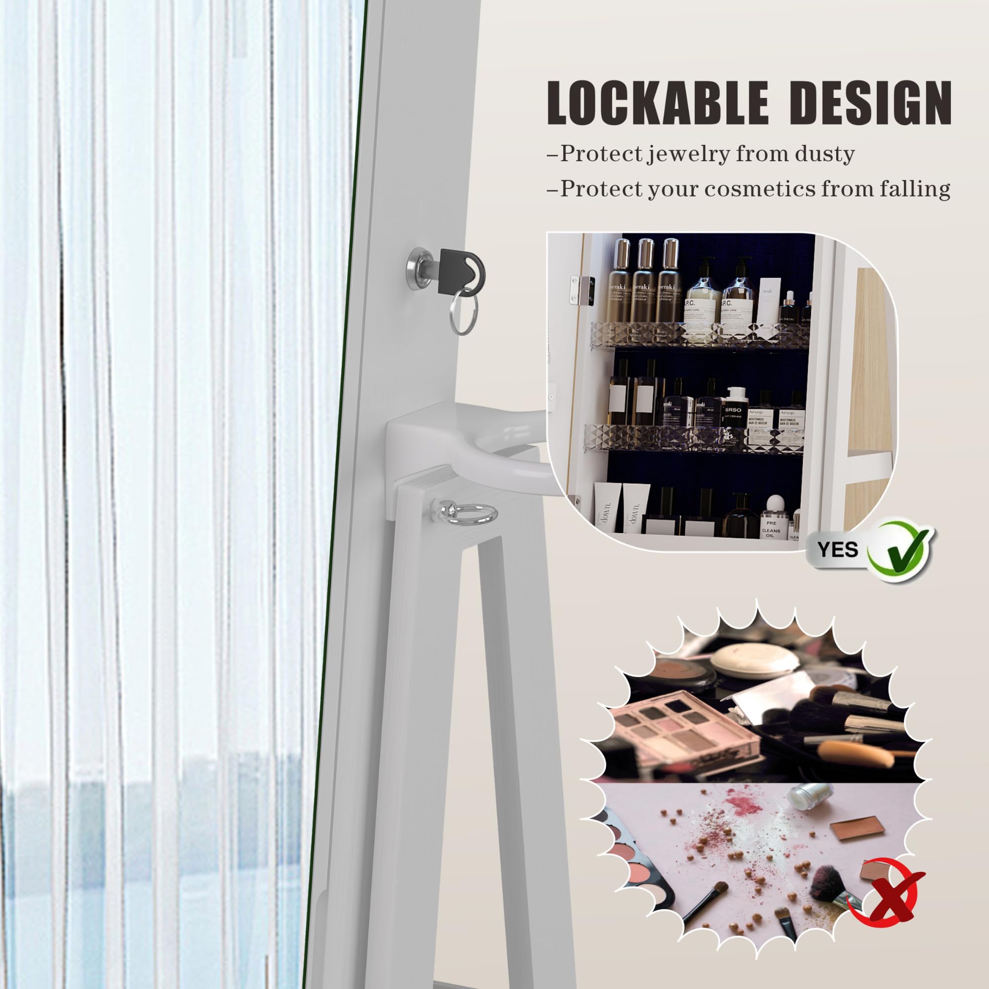 HWB Full-Length Mirror with Jewelry Storage & LED Lights - 360° Swivel Standing Jewelry Cabinet Organizer with Foldable Makeup Shelf - White | Bedroom Vanity, Dressing Room & Closet Organization Solution