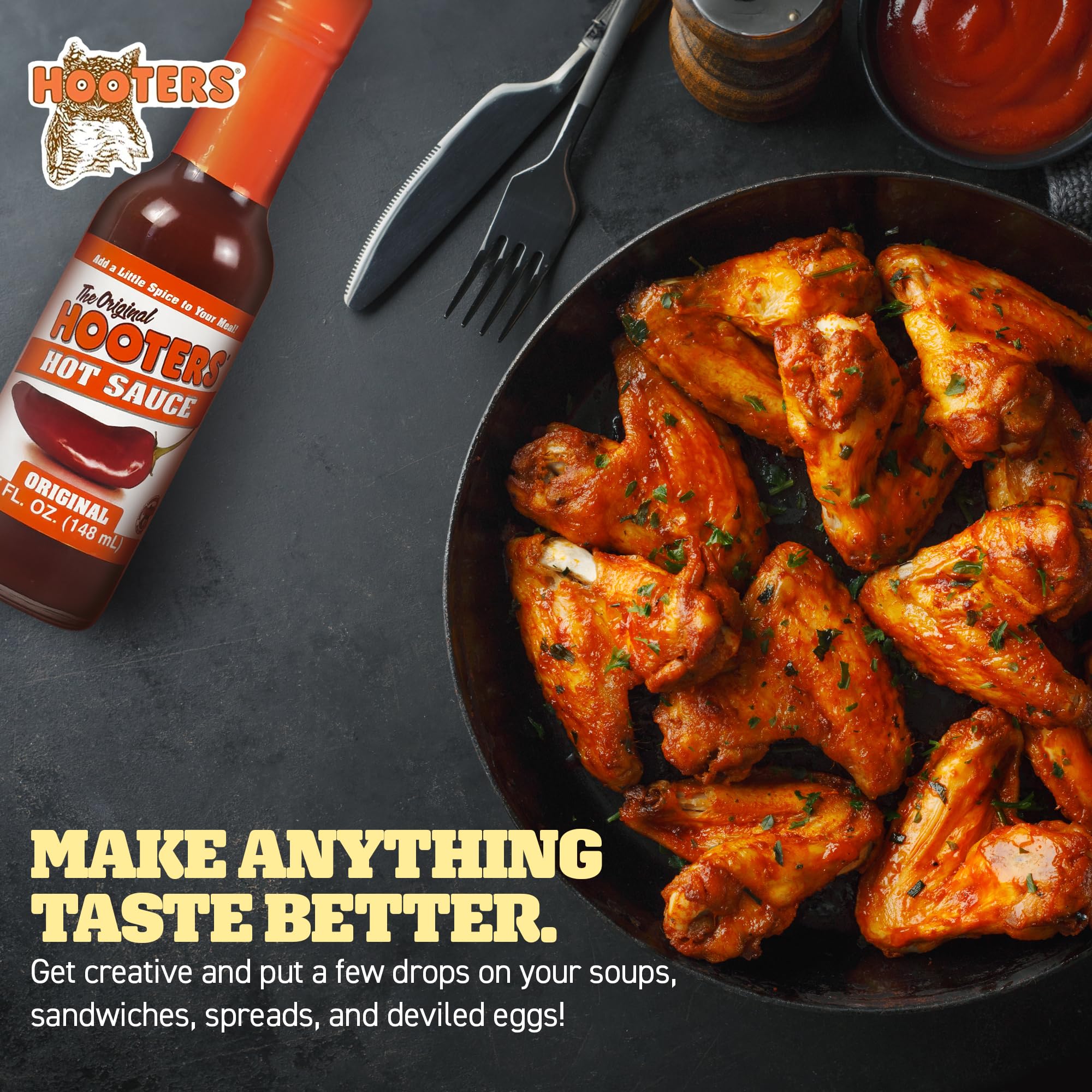 The Original Hooters Hot Sauce - 5 Fl Oz | Spicy Flavor Enhancer for Wings, Burgers & Seafood | Perfect for Spreads, Crackers, Dips & Cooking | Nutritionally Balanced & Easy to Use | Great for Parties, BBQs & Game Day Snacks