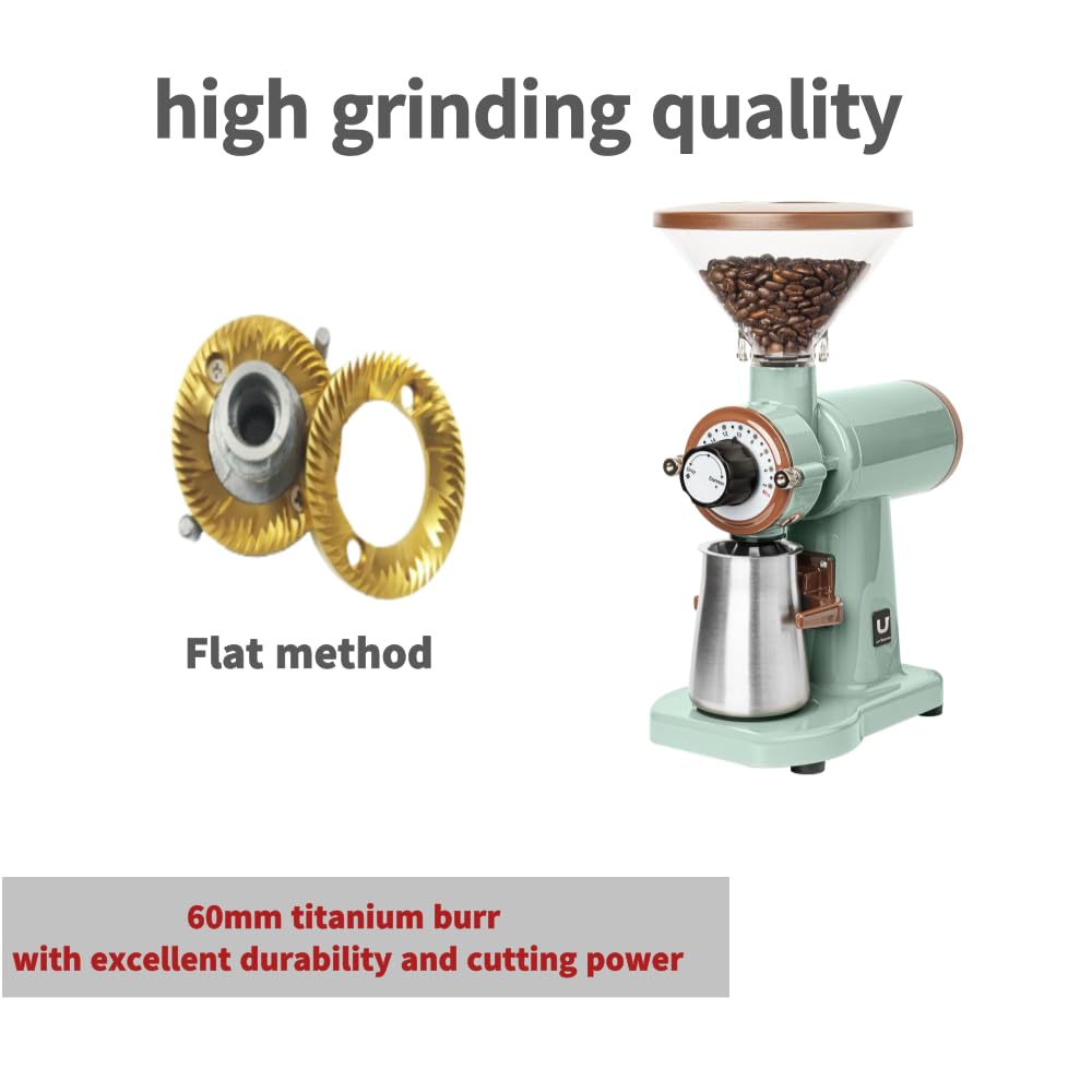 Urbanic 070s Electric Coffee Grinder - 60mm Flat Titanium Burr, 20 Adjustable Grind Settings (110-220V), Green - Perfect for Home Baristas & Coffee Enthusiasts - Made in Korea