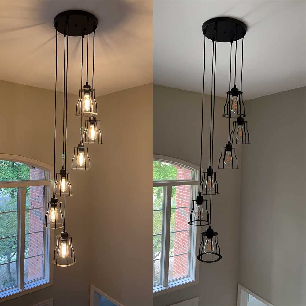 Modern 6-Light Black Glass Chandelier - Elegant Pendant Lighting Fixture for Kitchen Island, Dining Room & Foyer | Clear Glass Long Hanging Light for Contemporary Home Decor