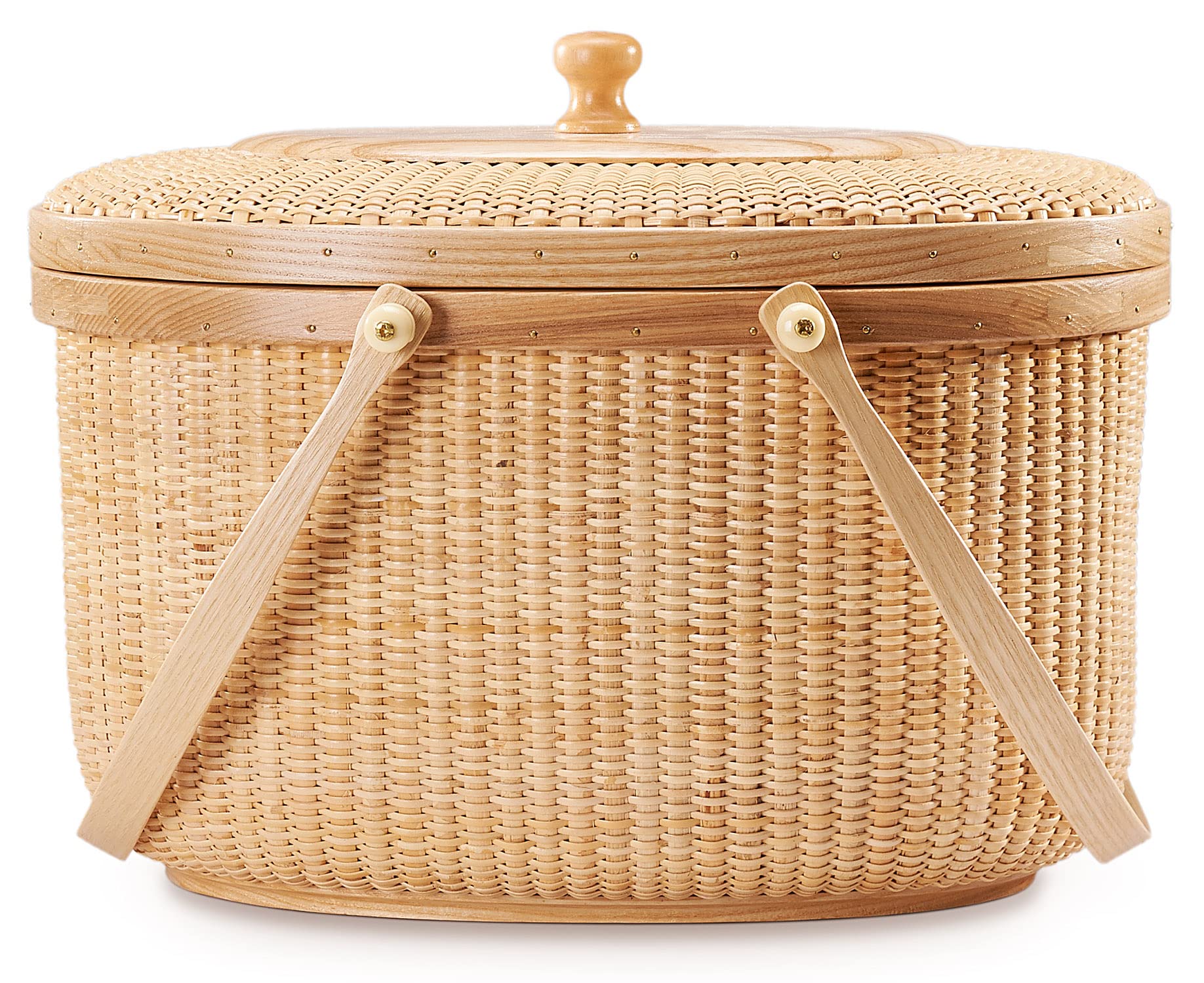 Handmade Nantucket Style Rattan Picnic Basket with Swing Handles - Woven Sewing Storage Tote Bag for Women - Perfect for Beach Outings, Picnics & Home Decor
