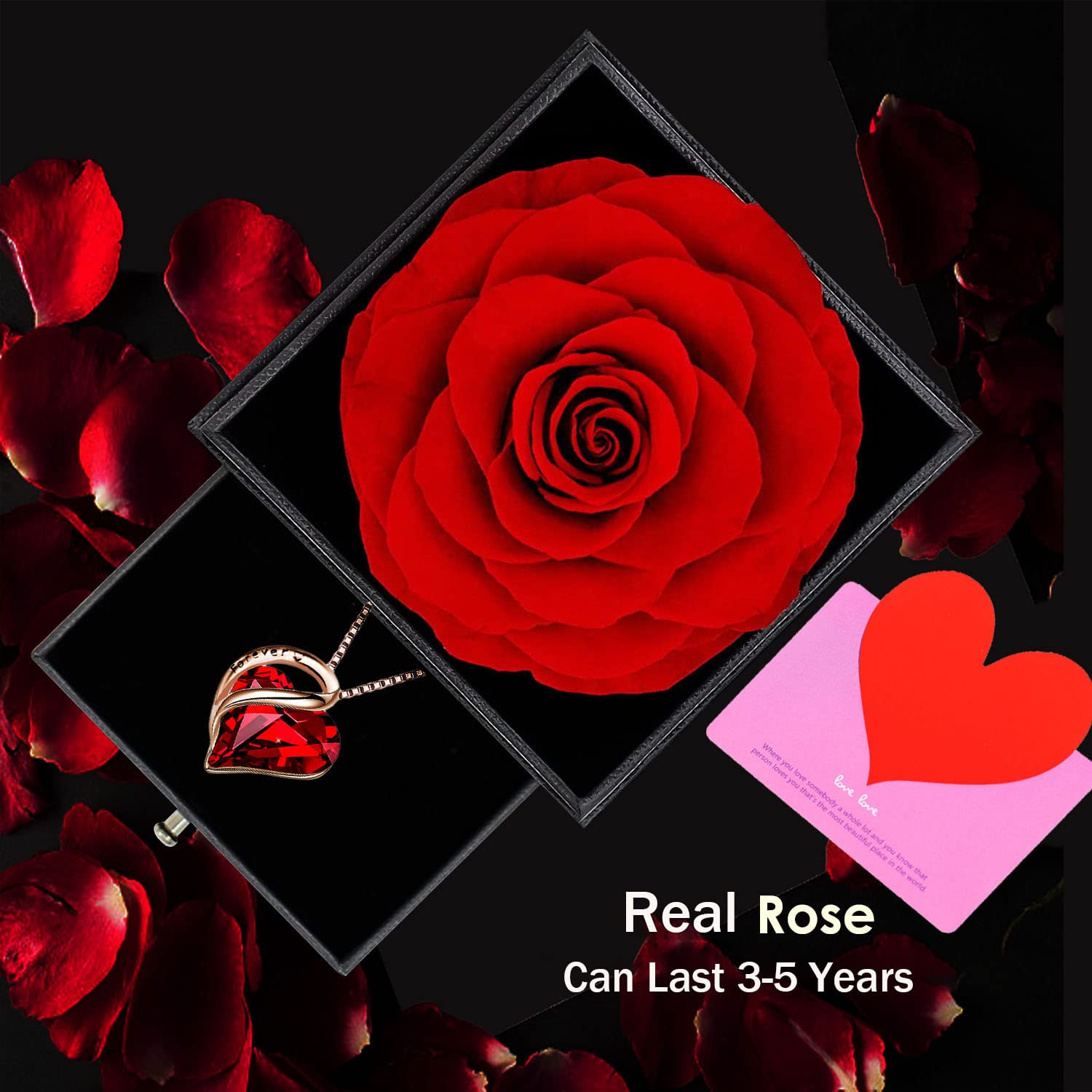 Preserved Rose Box with Red Crystal Necklace - Eternal Rose & 925 Sterling Silver Heart Pendant - Ruby Birthstone Jewelry - Enchanted Flower Garnet Gift for Women - Perfect for Mother's Day, Anniversary & Romantic Occasions