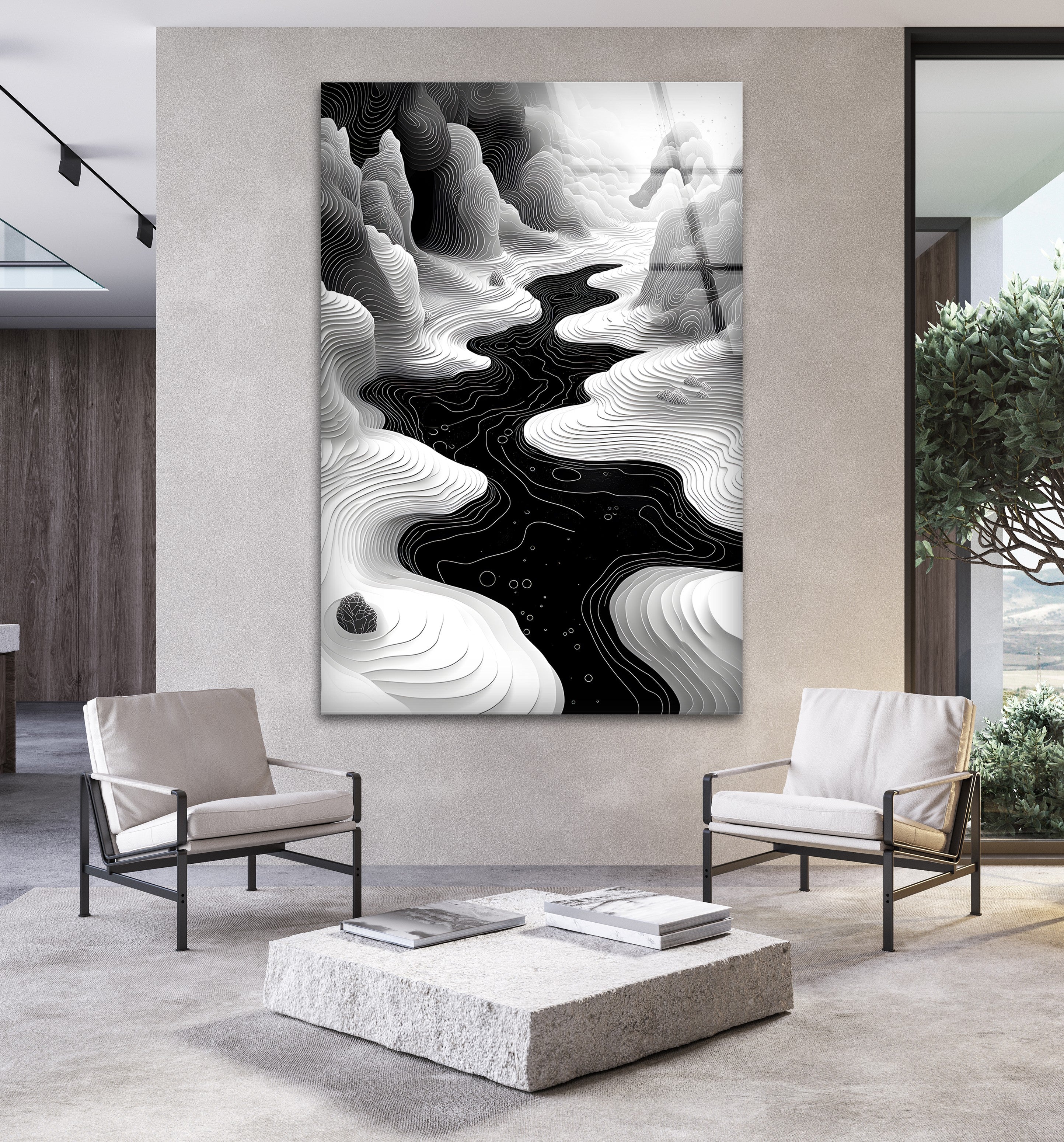 Abstract Black & White Landscape Wall Art - Modern Geometric Canvas Print for Living Room & Office Decor