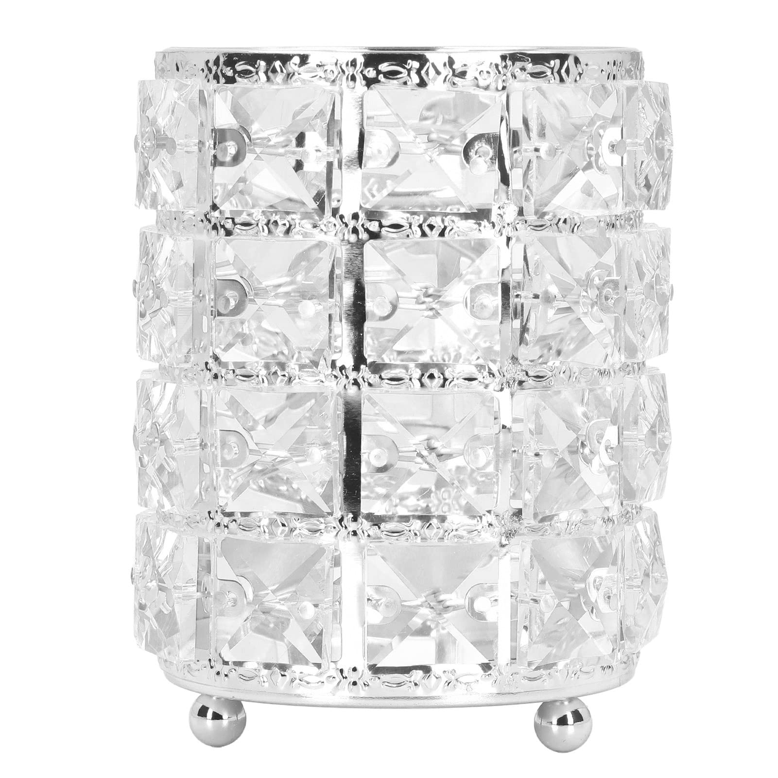 European Style Rounded Crystal Glass Cosmetic Organizer - Acrylic Makeup Brush Holder & Clear Pen Pencil Case for Bathroom, Home, Bedroom, Office (Silver) | Perfect for Makeup Storage, Desk Organization and Travel Beauty Essentials