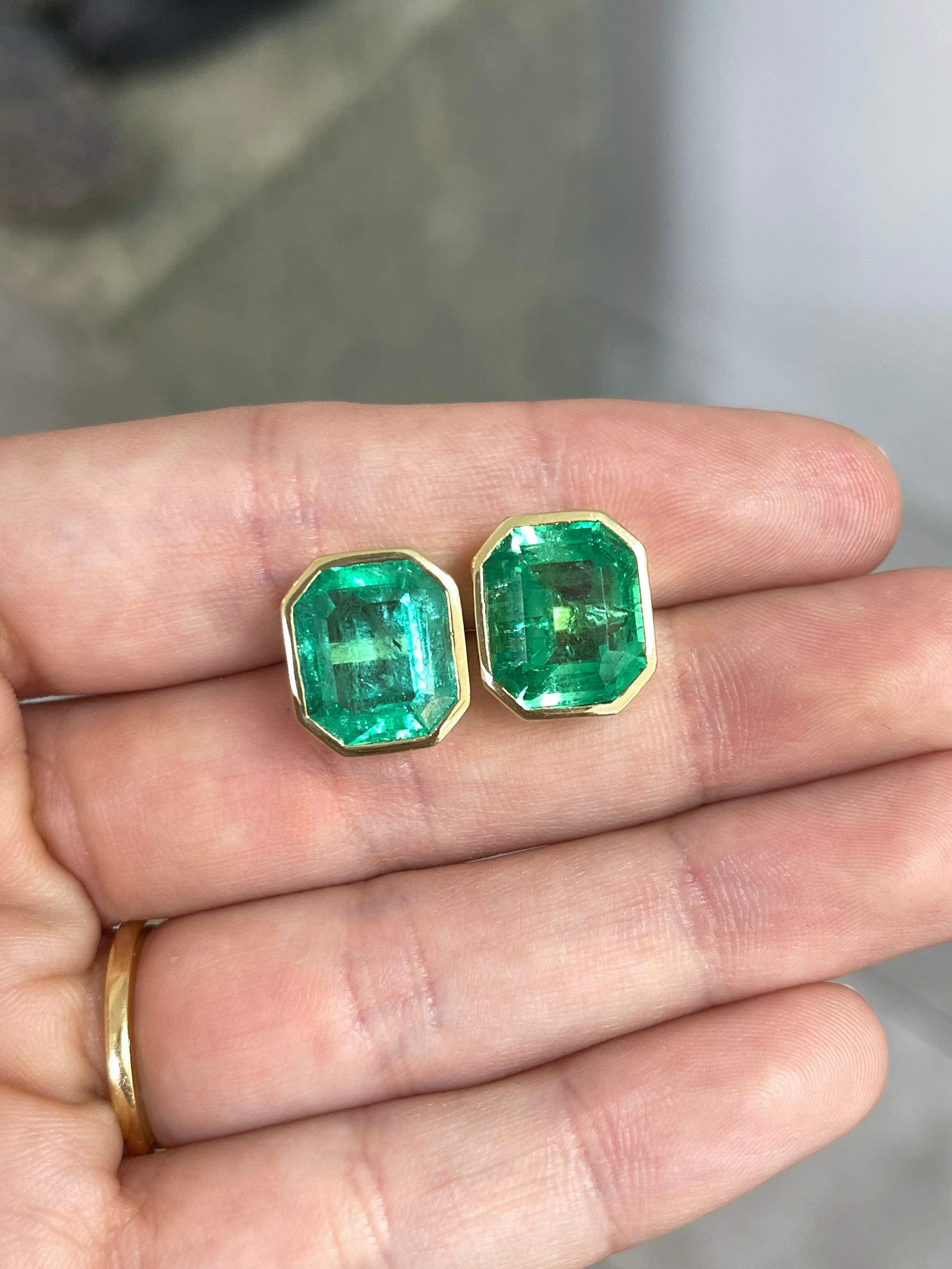 14.30tcw Large Bezel Set Natural Colombian Emerald Stud Earrings in 18K Gold | Luxury Jewelry for Women, Perfect for Weddings, Parties & Special Occasions