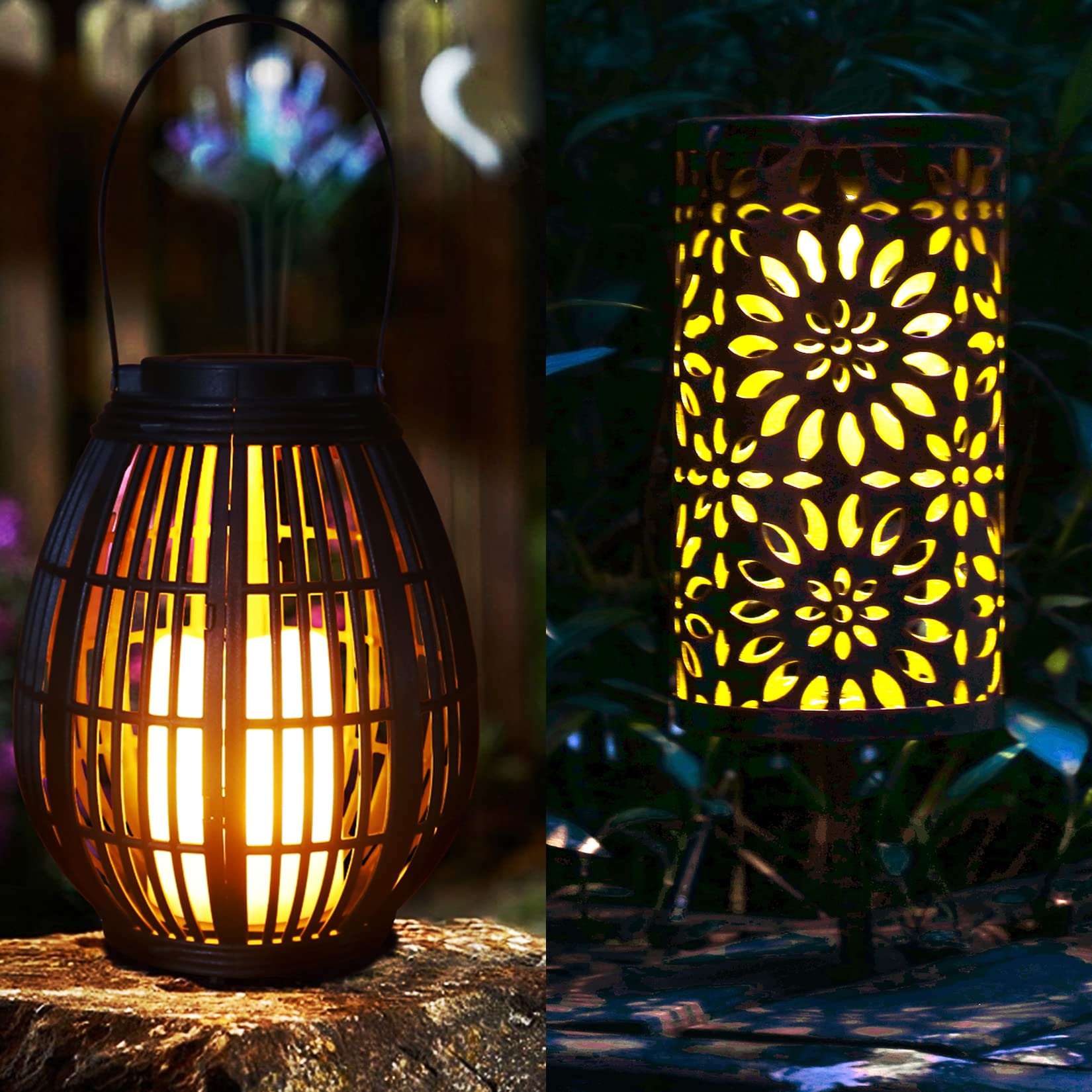 Solar Powered Flameless Candle Lanterns - Waterproof Rattan & Metal Hanging Lights with Flower Decor for Garden, Yard, Patio - Perfect for Outdoor Weddings, Parties & Evening Ambiance