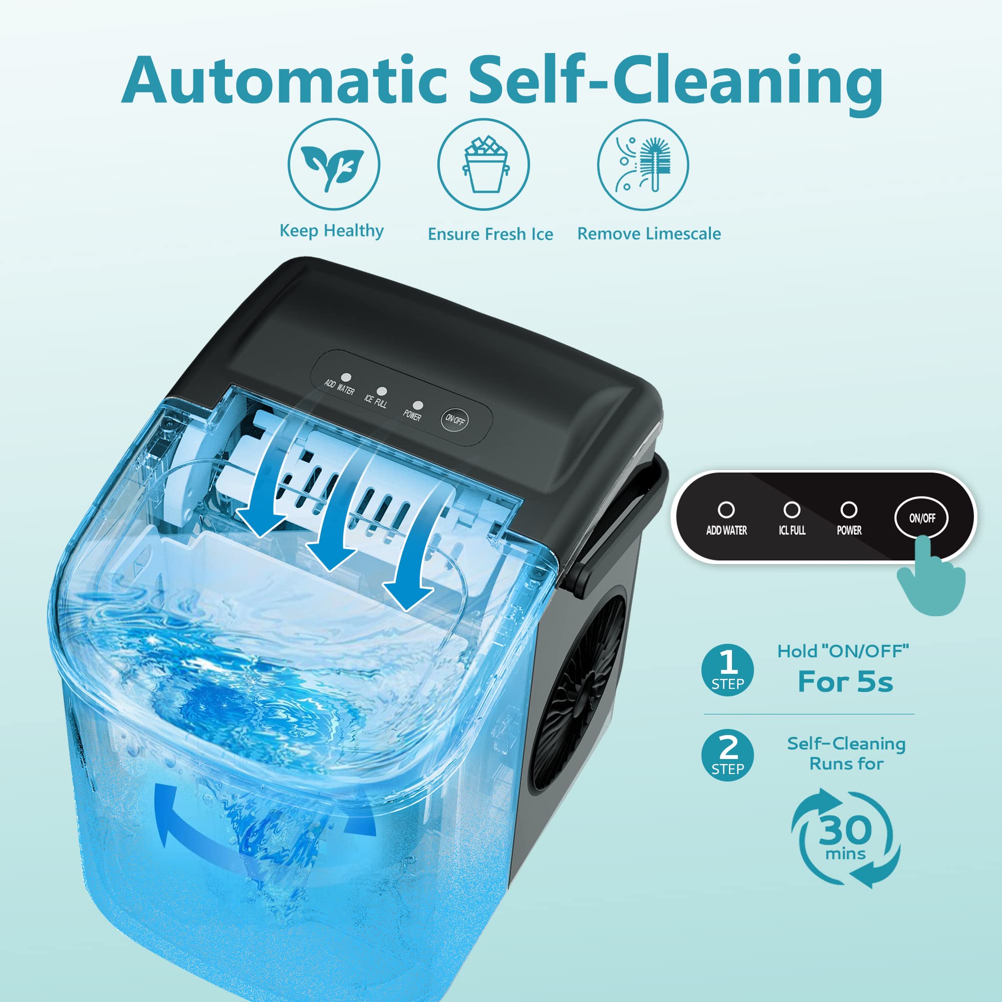 EUHOMY Portable Countertop Ice Maker Machine - 26lbs/24Hrs, 9 Cubes in 6 Mins - Auto-Cleaning with Ice Basket & Scoop - Compact Ice Maker for Home, Kitchen, RV, Camping & Outdoor Use (Black)