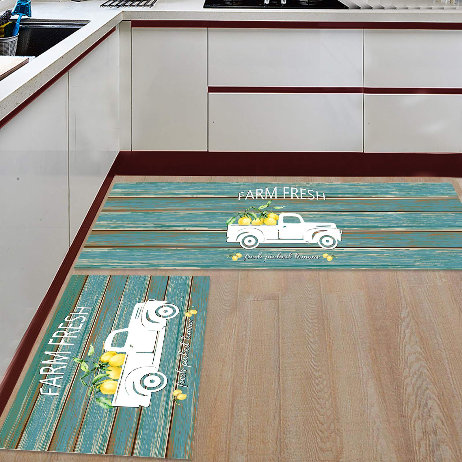 Non-Slip Kitchen Rugs Set - Farm Fresh Lemon Print Mats for Vintage Style Kitchen Decor