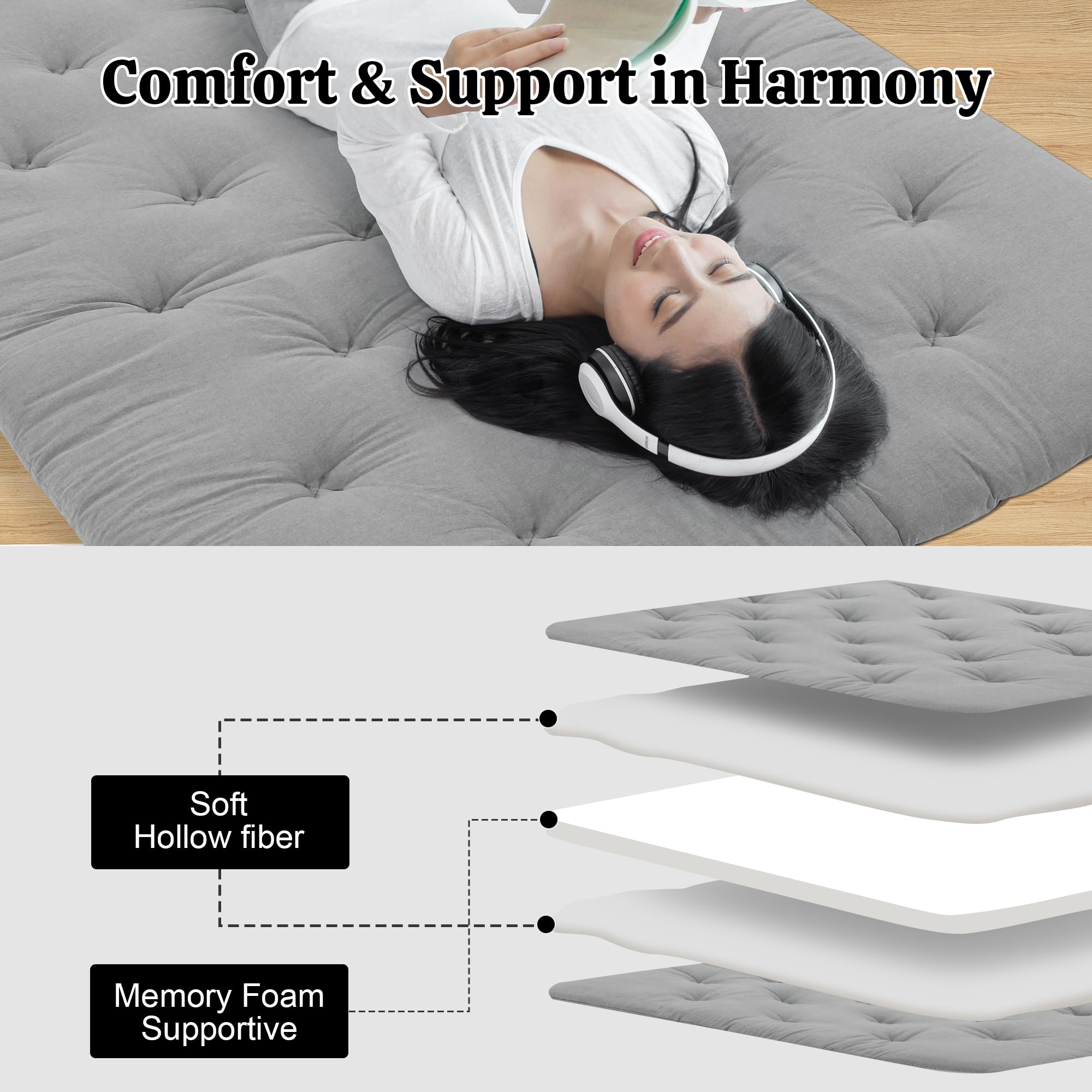 Japanese Floor Mattress Twin Size - Foldable Tatami Mat with 100% Cotton Shell - Futon Mattress & Dorm Sleeping Pad - Roll Up Floor Lounger Bed for Adults & Kids (Grey, 80