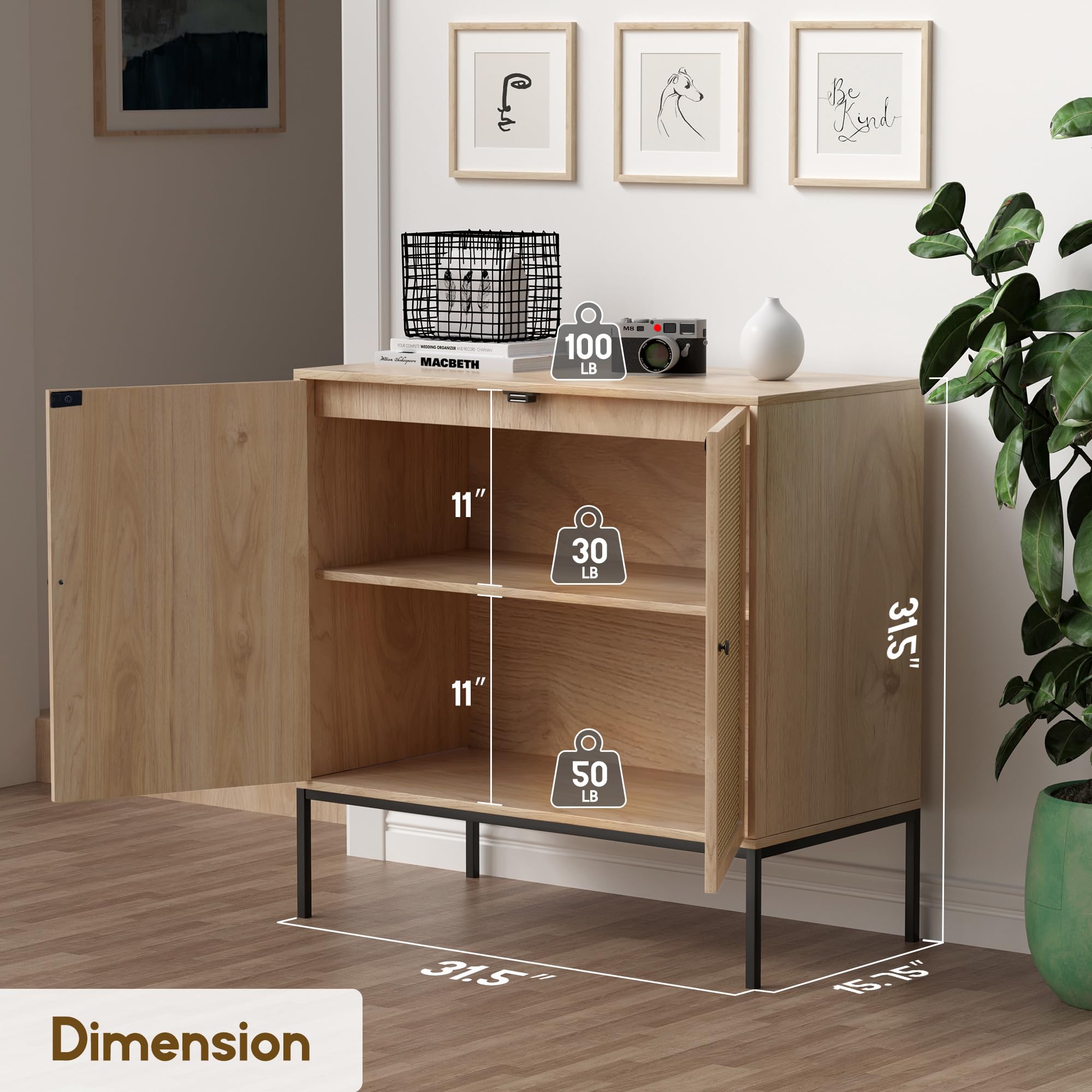 XIAO WEI 3-Piece Rattan Sideboard Cabinet with Hand-Woven Natural Rattan Doors - Storage Buffet Console Table for Kitchen, Living Room, Hallway & Entryway - Natural Finish with Metal Legs | Perfect for Farmhouse Decor, Dining Room Storage & Entryway Organization