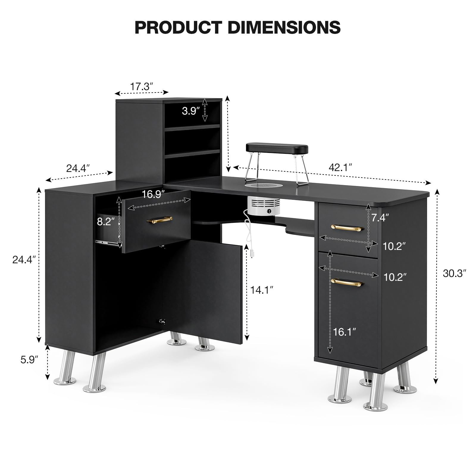 Professional L-Shaped Manicure Table with Electric Downdraft Ventilation System - Foldable Nail Tech Station with Storage Shelves, Cabinets & Drawers - Black Salon Furniture for Nail Artists & Home Use | Perfect for Small Spaces & Mobile Nail Technicians