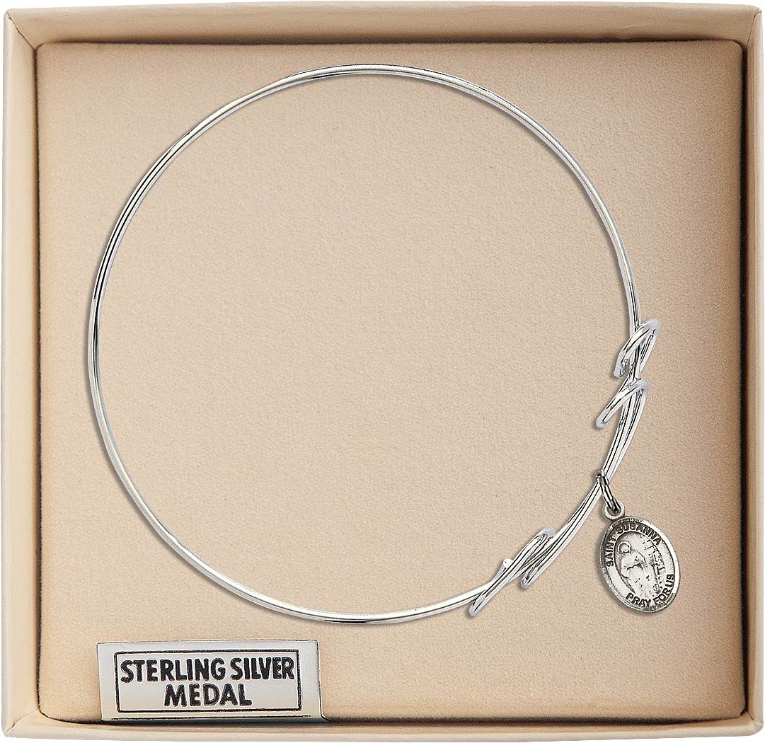 Sterling Silver Round Double Loop Bangle Bracelet with St. Susanna Charm - Elegant Jewelry for Women, Perfect for Gifts, Parties & Everyday Wear