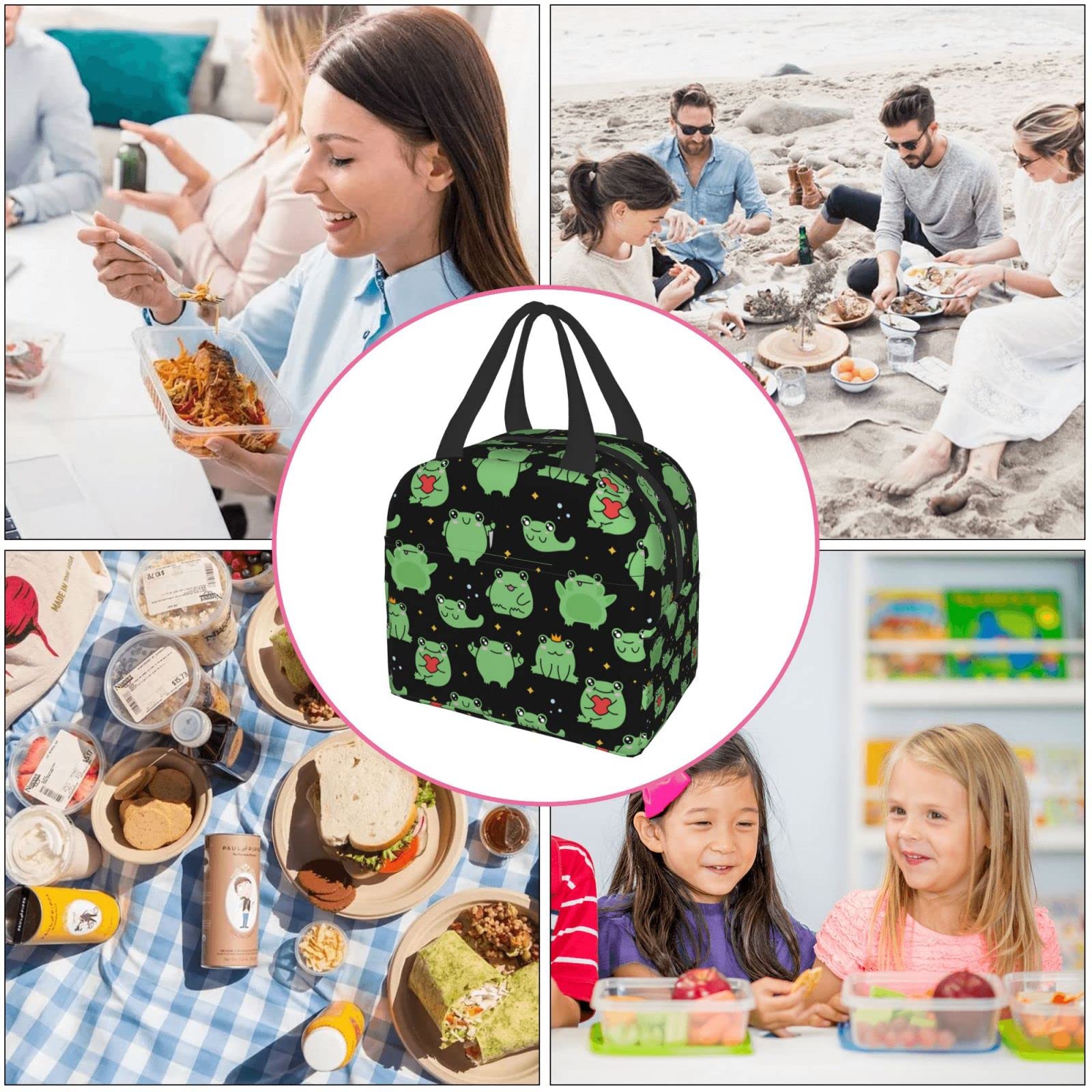 Insulated Lunch Box with Frog, Heart & Stars Design - Reusable & Portable Meal Container for Men & Women - Perfect for Work, Travel, Picnic & School Lunch