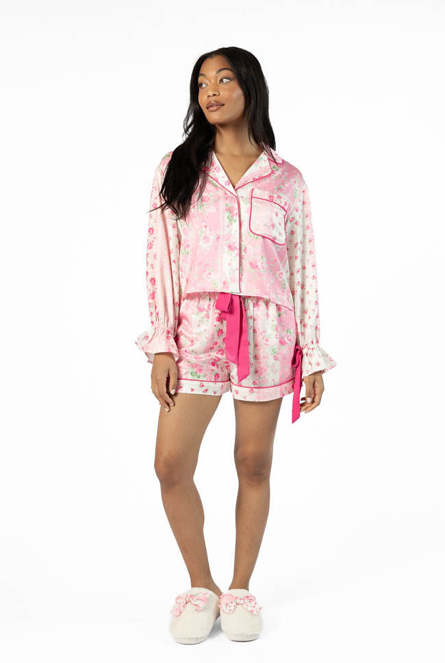 Pink Multi Floral Satin Pajama Shorts for Women - Soft & Comfortable Sleepwear for Summer Nights, Lounging & Vacation