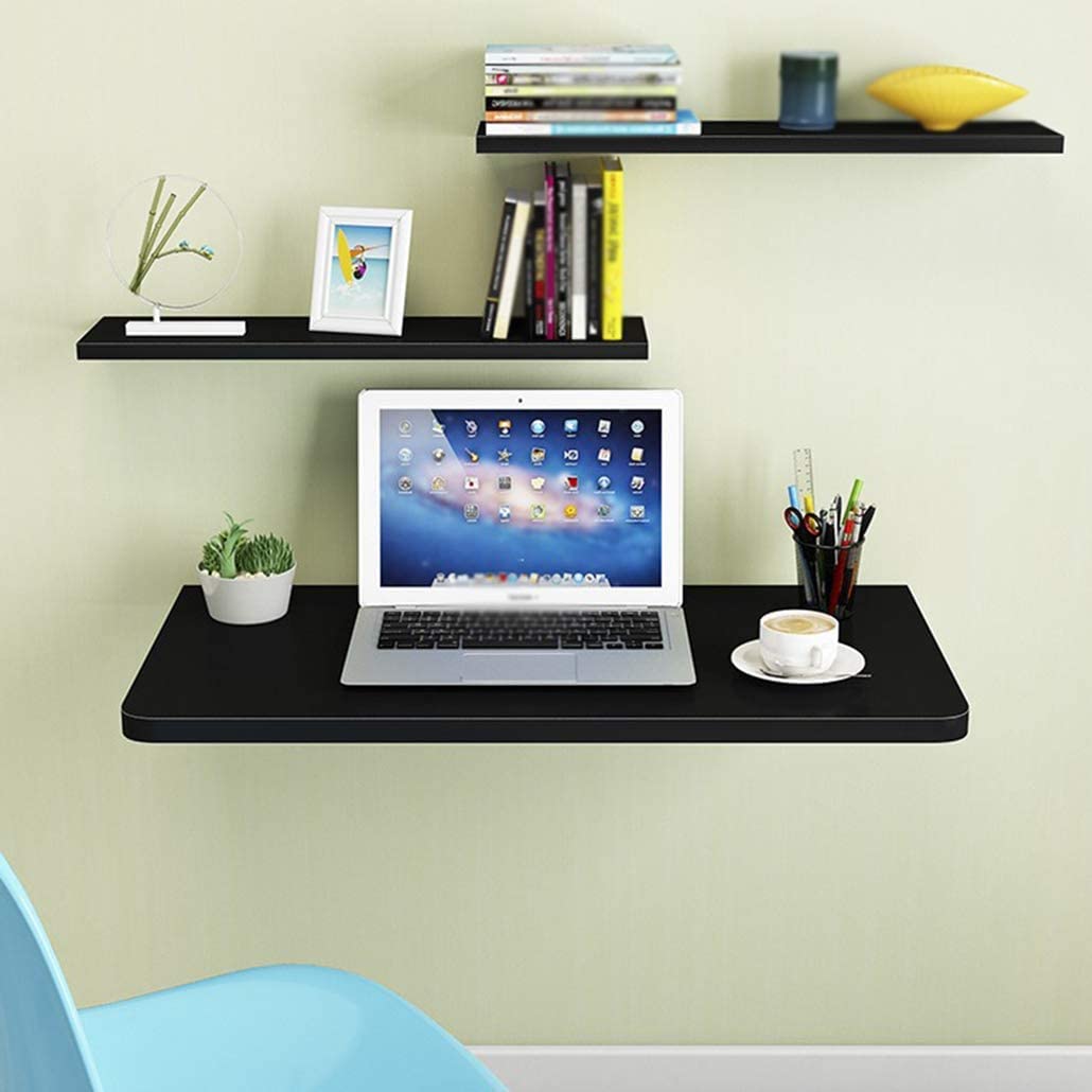 Wall Mounted Folding Desk - 60x40cm Pine Wood Floating Laptop Table, Drop Leaf Writing Desk for Home Office, Study & Dining - Space Saving Fold Down Workstation (Black, 23.6x15.8 Inches) - Perfect for Small Apartments, Dorms & Workspaces