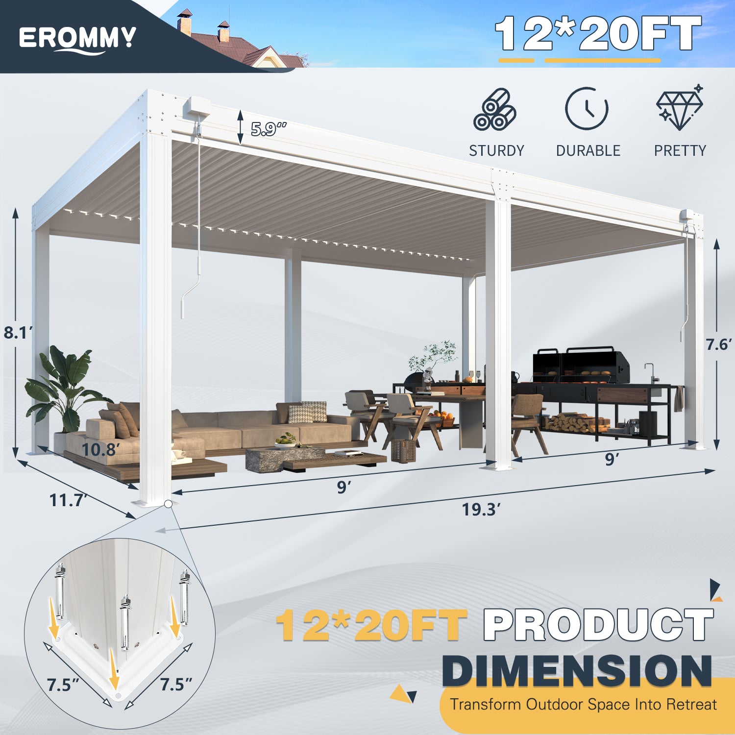 EROMMY 12x20 Large Aluminum Pergola with Adjustable Louvered Canopy in White - Outdoor Patio Cover for Garden, Backyard, and Poolside Relaxation