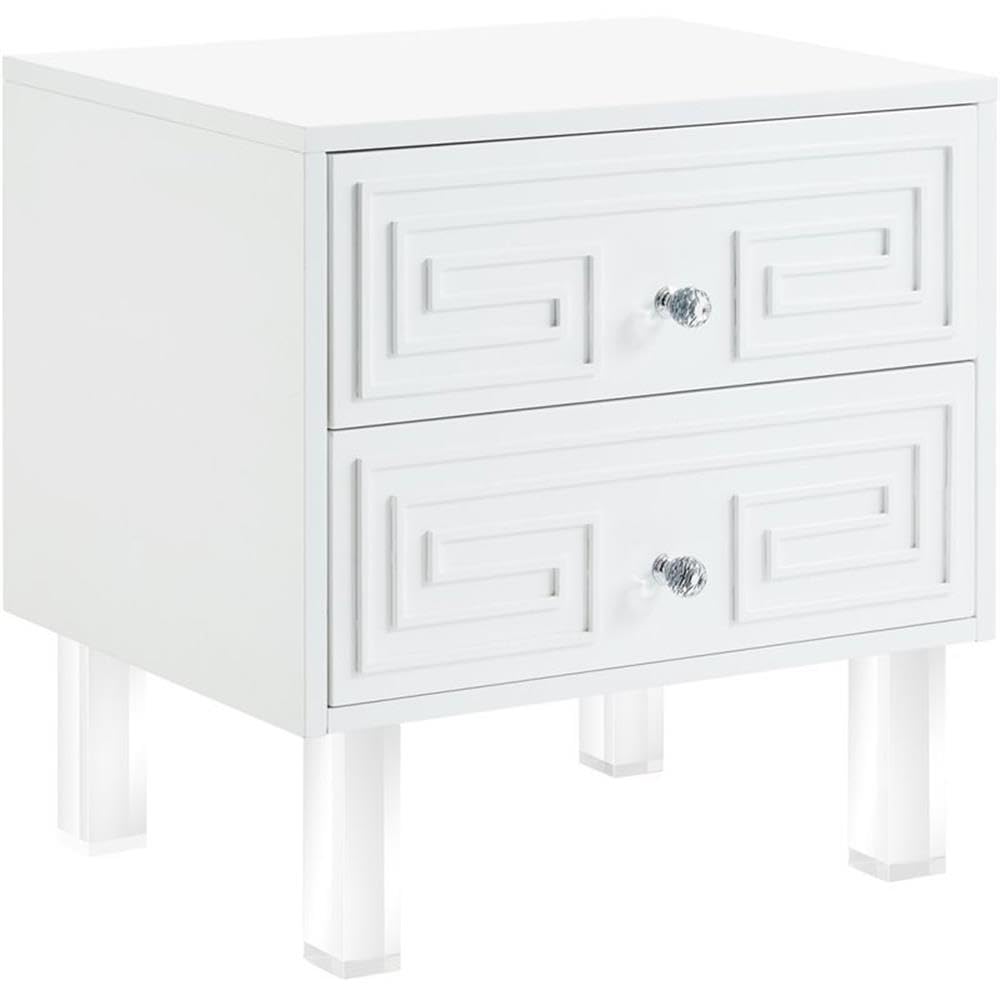 White Melanie 2-Drawer Nightstand with Clear Lucite Legs - Modern Bedside Table for Bedroom, Living Room & Guest Room